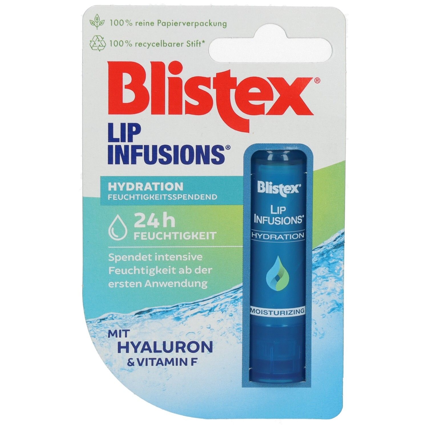 Blisterpackung mit blauem Lippenpflegestift. Text: Blistex Lip Infusions Hydration, 24h Feuchtigkeit, mit Hyaluron & Vitamin F.