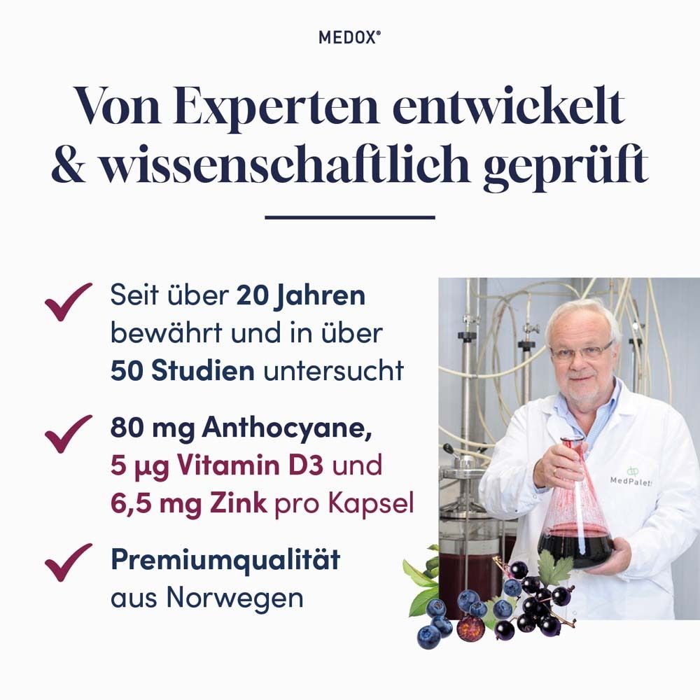 Text: Von Experten entwickelt & wissenschaftlich geprüft. Text und Abbildung von Blaubeeren, Mann im Labor.