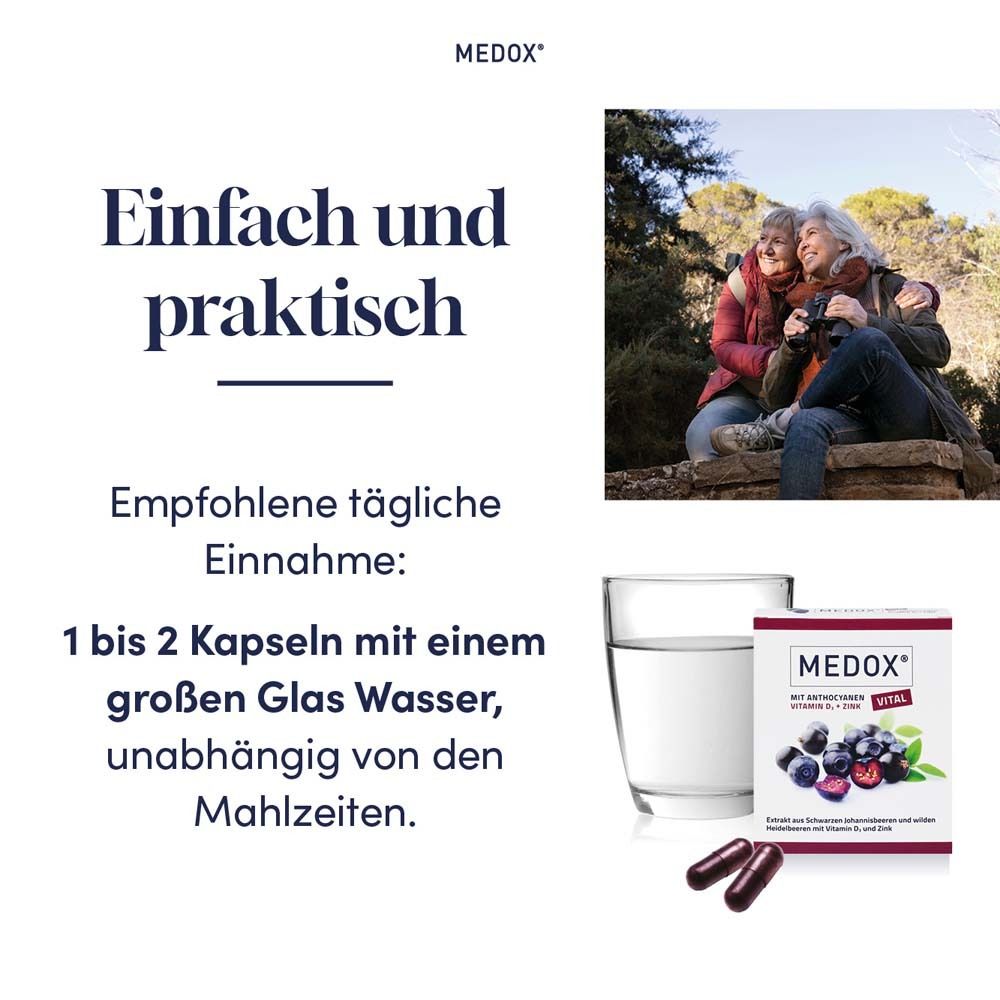 Text: Einfach und praktisch. Abbildung von MEDOX® Vital Verpackung, Kapseln, Glas Wasser, zwei Frauen.