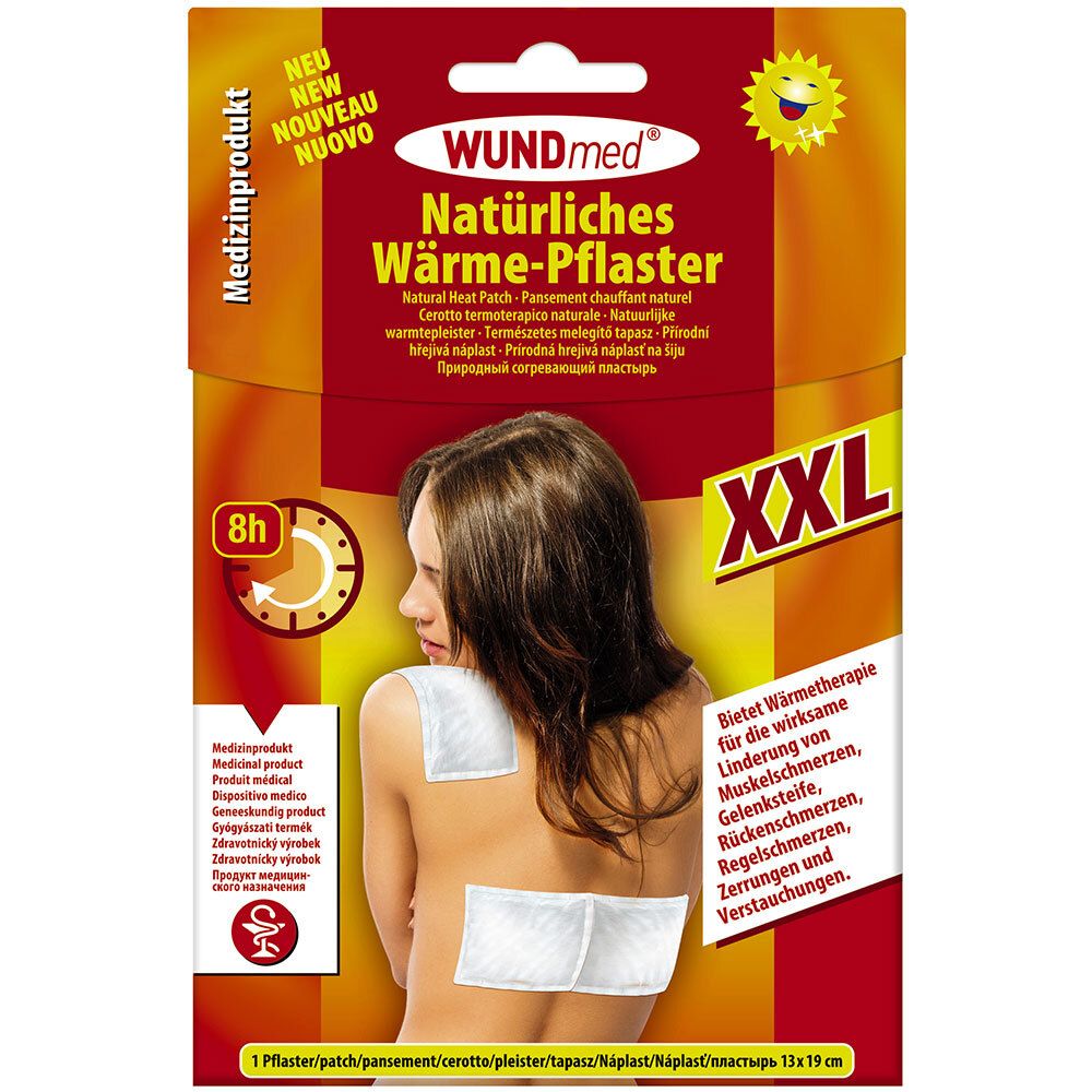 Verpackung mit WUNDmed Wärme Pflaster XXL. Zeigt ein Pflaster auf dem Rücken einer Frau. Text: Natürliches Wärme-Pflaster, 13x19 cm.