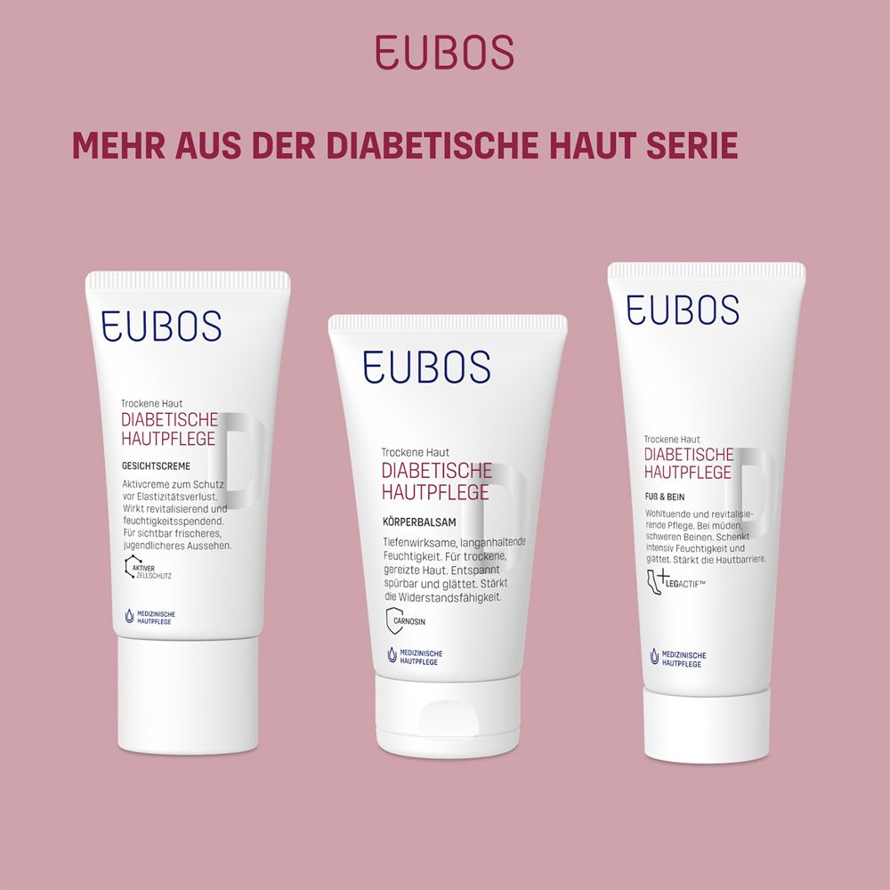 Drei EUBOS Produkte. Diabetische Hautpflege. Gesicht, Körperbalsam, Fuß & Bein. Mehr aus der Diabetische Haut Serie.