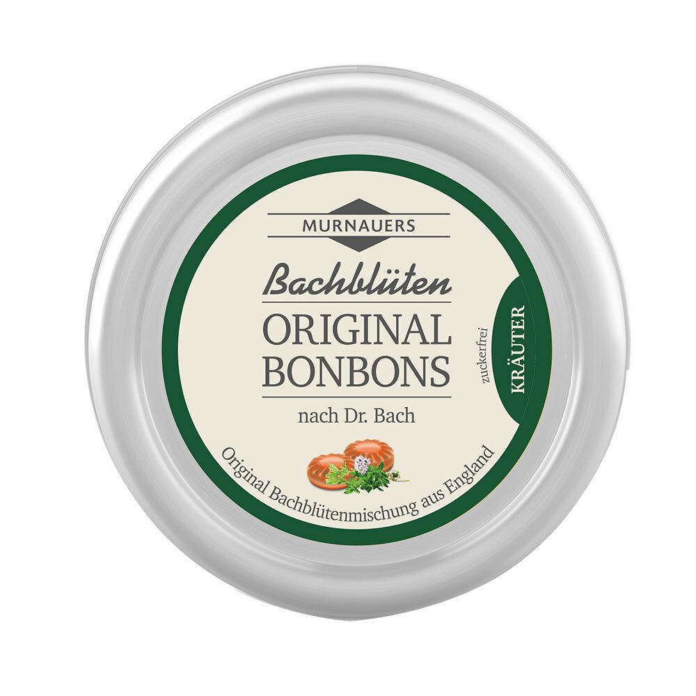 Runde Dose mit grünem Etikett. Aufschrift: Bachblüten Original Bonbons. Kräuter. Ohne Zucker. Original Bachblütenmischung aus England.