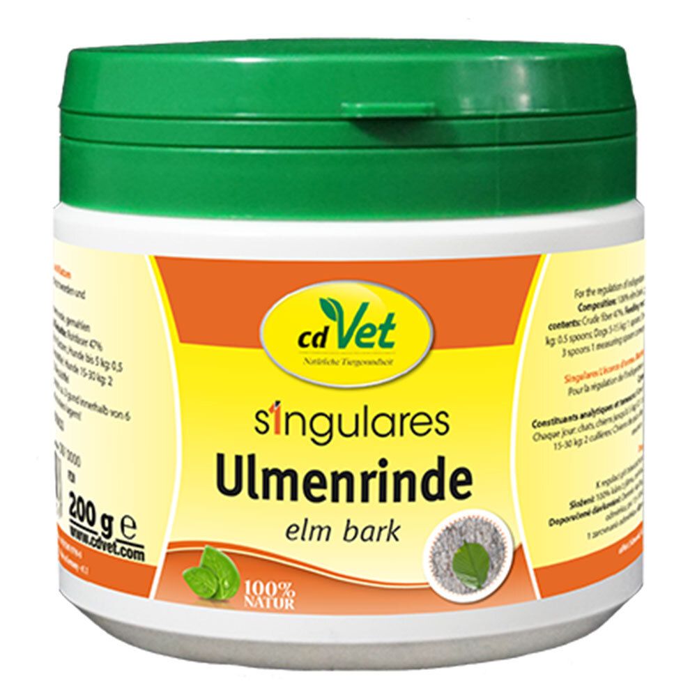 Weißes Gefäß mit grünem Deckel. Aufschrift: cdVet singulares Ulmenrinde. 100% Natur. 200 g.