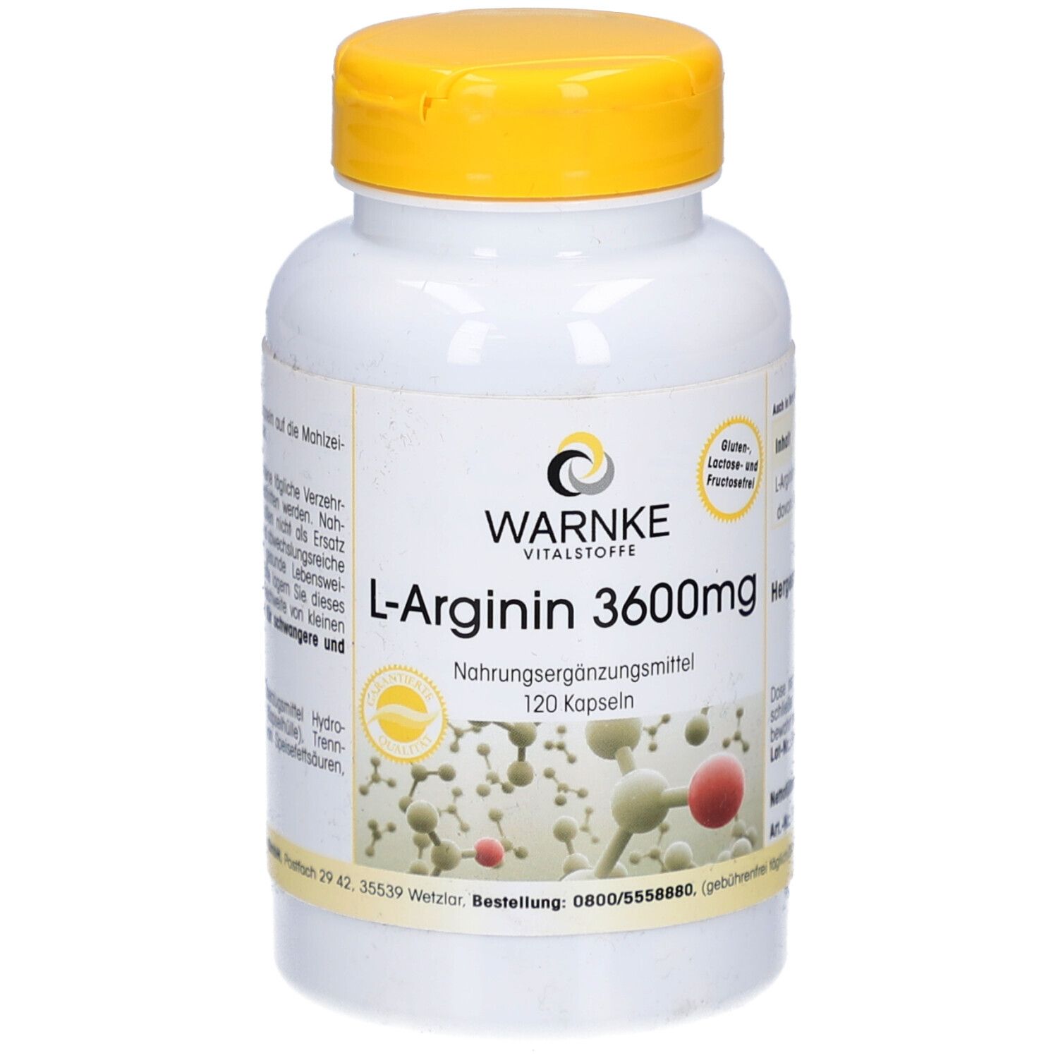 Weiße Flasche mit gelbem Deckel. Aufschrift: WARNKE L-Arginin 3600mg, 120 Kapseln. Logo und Produktinformationen.