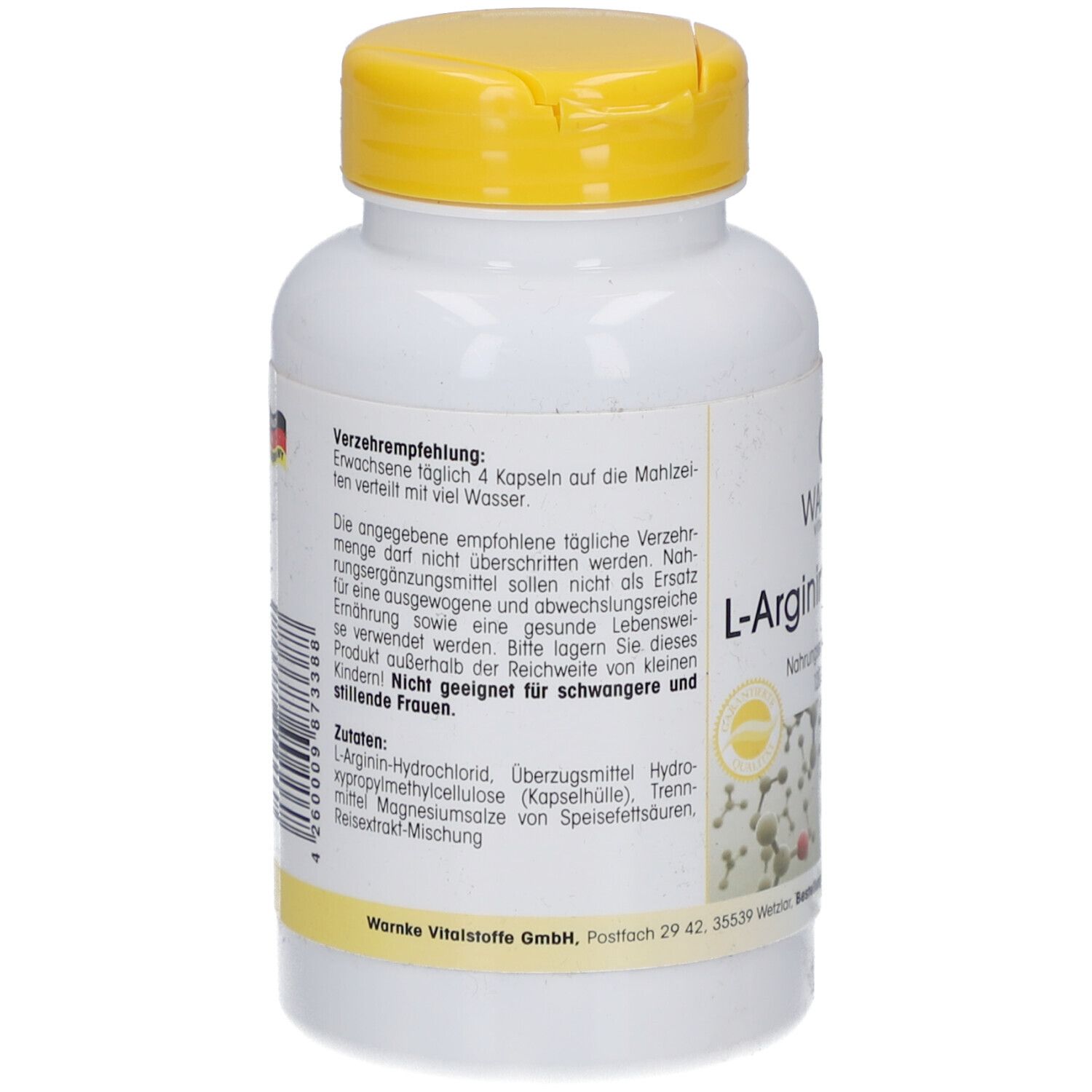 Rückseite der weißen Flasche mit gelbem Deckel. Text: Verzehrempfehlung, Zutaten, Warnke Vitalstoffe GmbH.