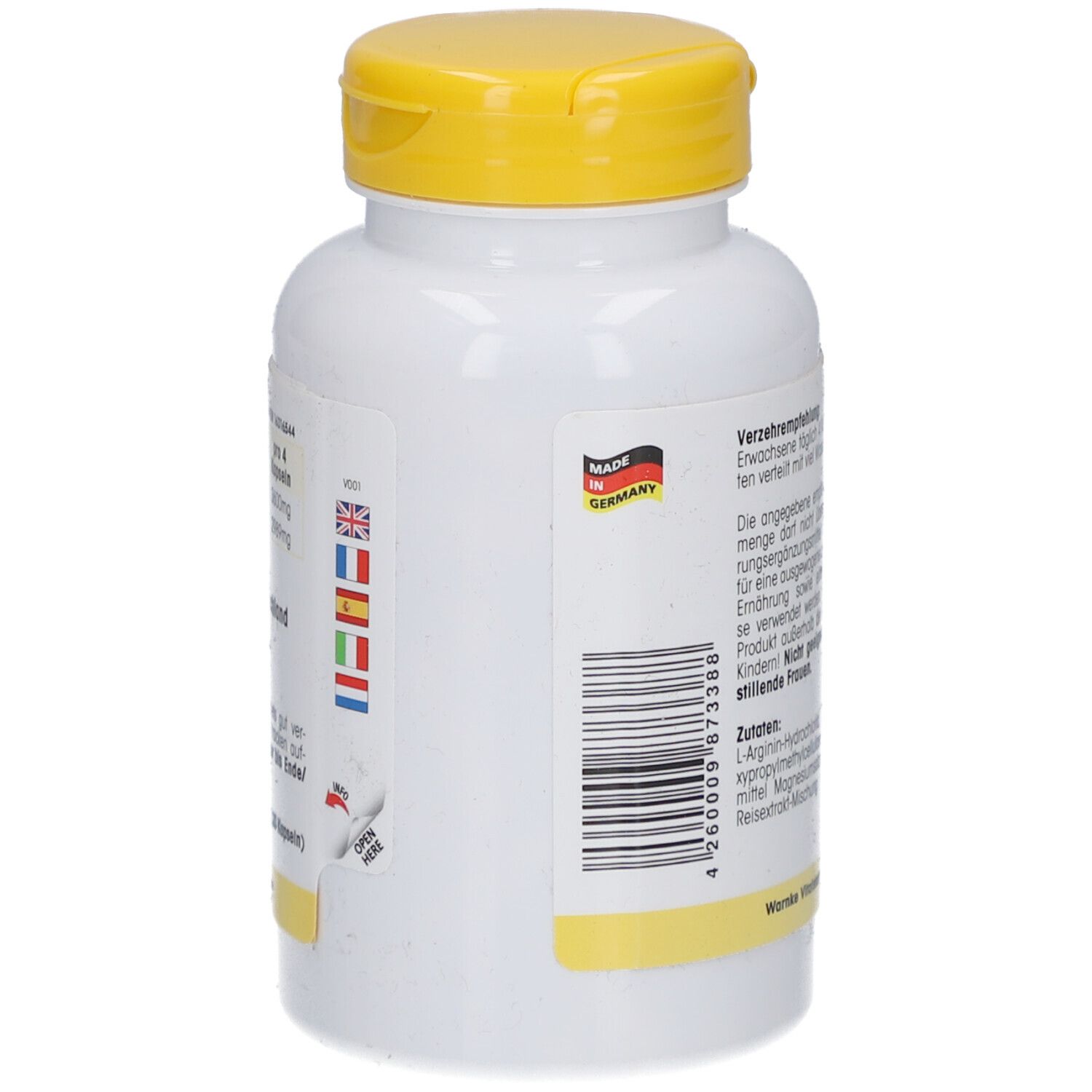 Weiße Flasche mit gelbem Deckel. Aufkleber mit Flaggen: Deutschland, Großbritannien, Frankreich, Italien, Spanien, Niederlande.