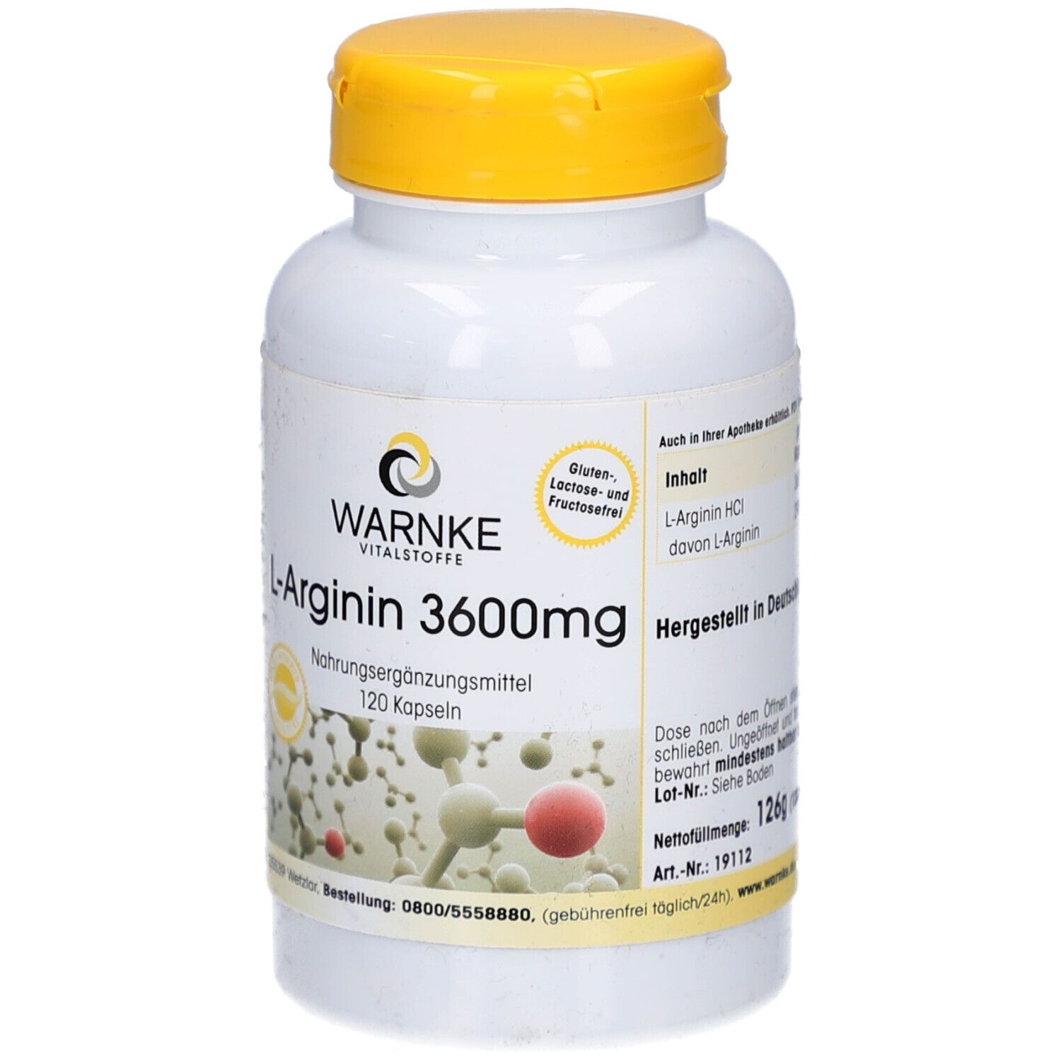 Weiße Flasche mit gelbem Deckel. Aufschrift: WARNKE L-Arginin 3600mg, 120 Kapseln. Logo und Produktinformationen.