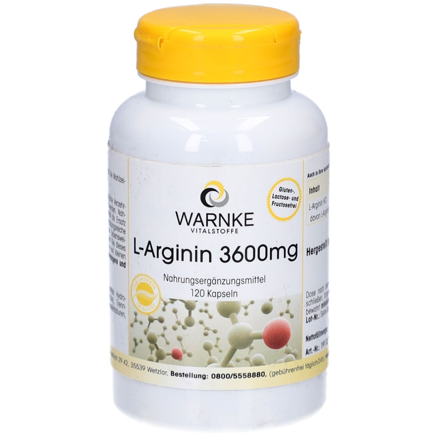 Weiße Flasche mit gelbem Deckel. Aufschrift: WARNKE L-Arginin 3600mg, 120 Kapseln. Logo und Produktinformationen.