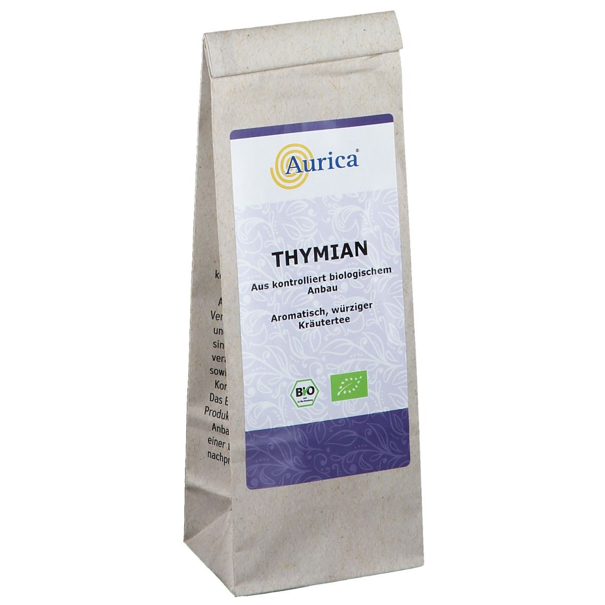 Beutel Thymian Tee von Aurica. Aufdruck: Thymian, aus kontrolliert biologischem Anbau. Mit Bio-Siegel.