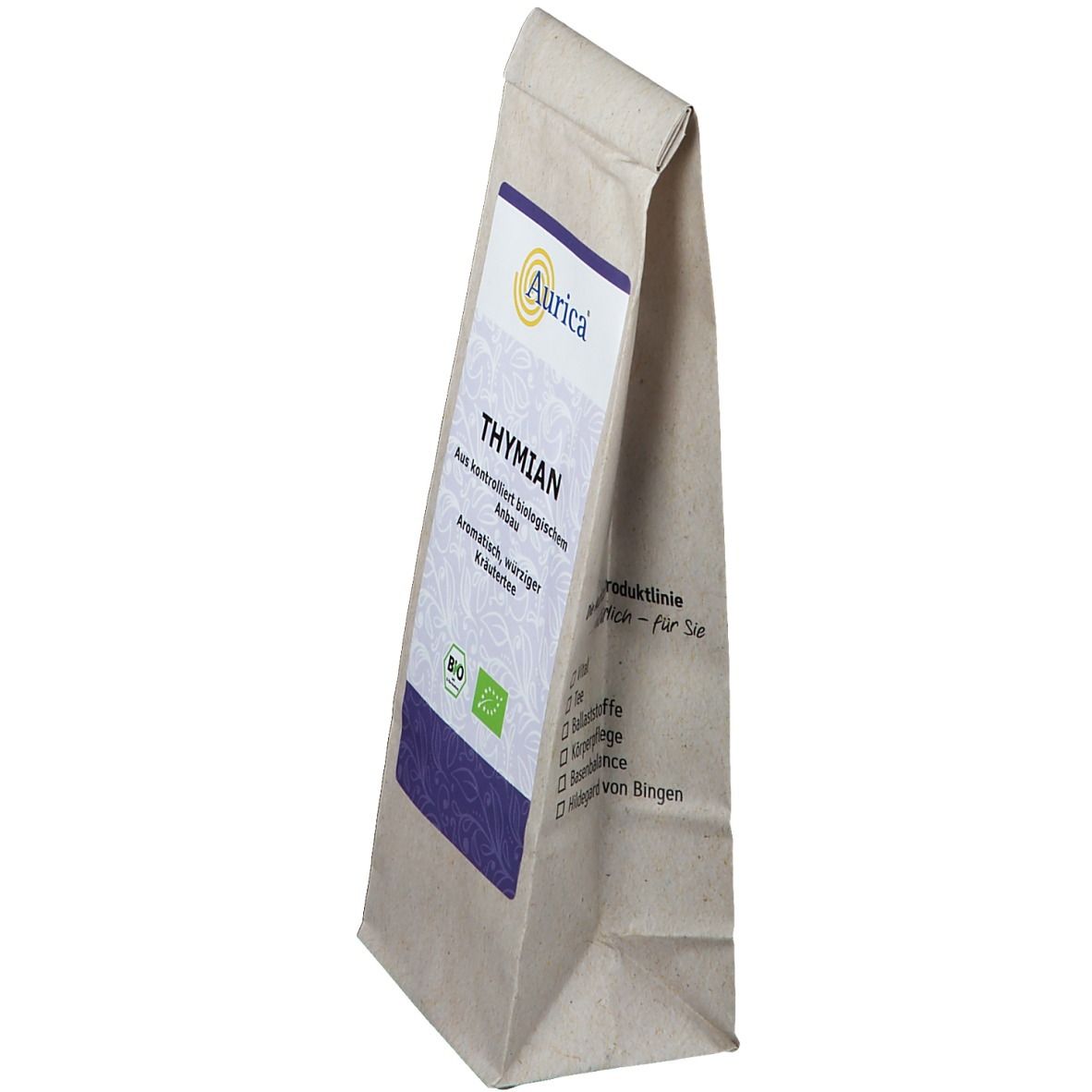Beutel Thymian Tee von Aurica. Aufdruck: Thymian, aus kontrolliert biologischem Anbau. Mit Bio-Siegel.