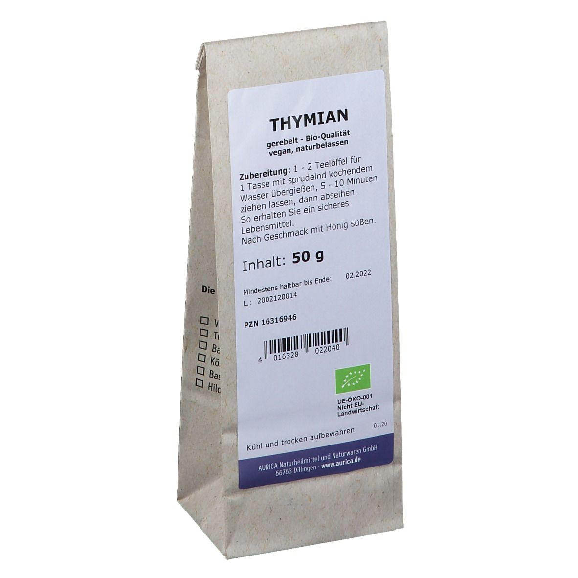 Thymian Tee Beutel von Aurica. Aufdruck: Thymian, Zubereitung, Inhalt 50g, Mindestens haltbar bis 02.2022. Mit Bio-Siegel.