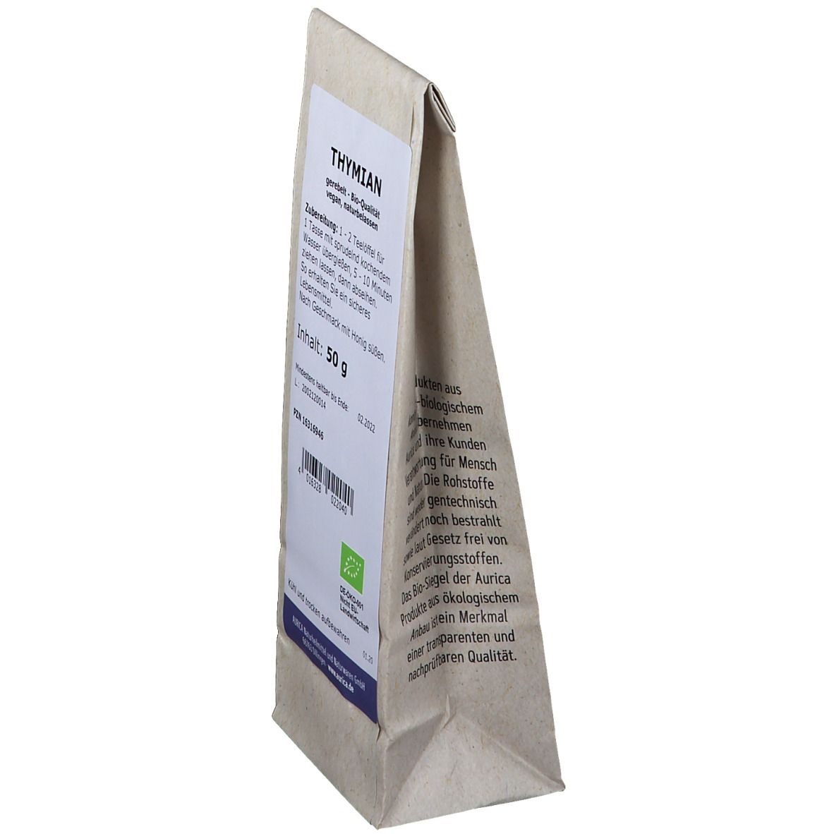 Thymian Tee Beutel von Aurica. Aufdruck: Thymian, Zubereitung, Inhalt 50g, Mindestens haltbar bis 02.2022. Mit Bio-Siegel.