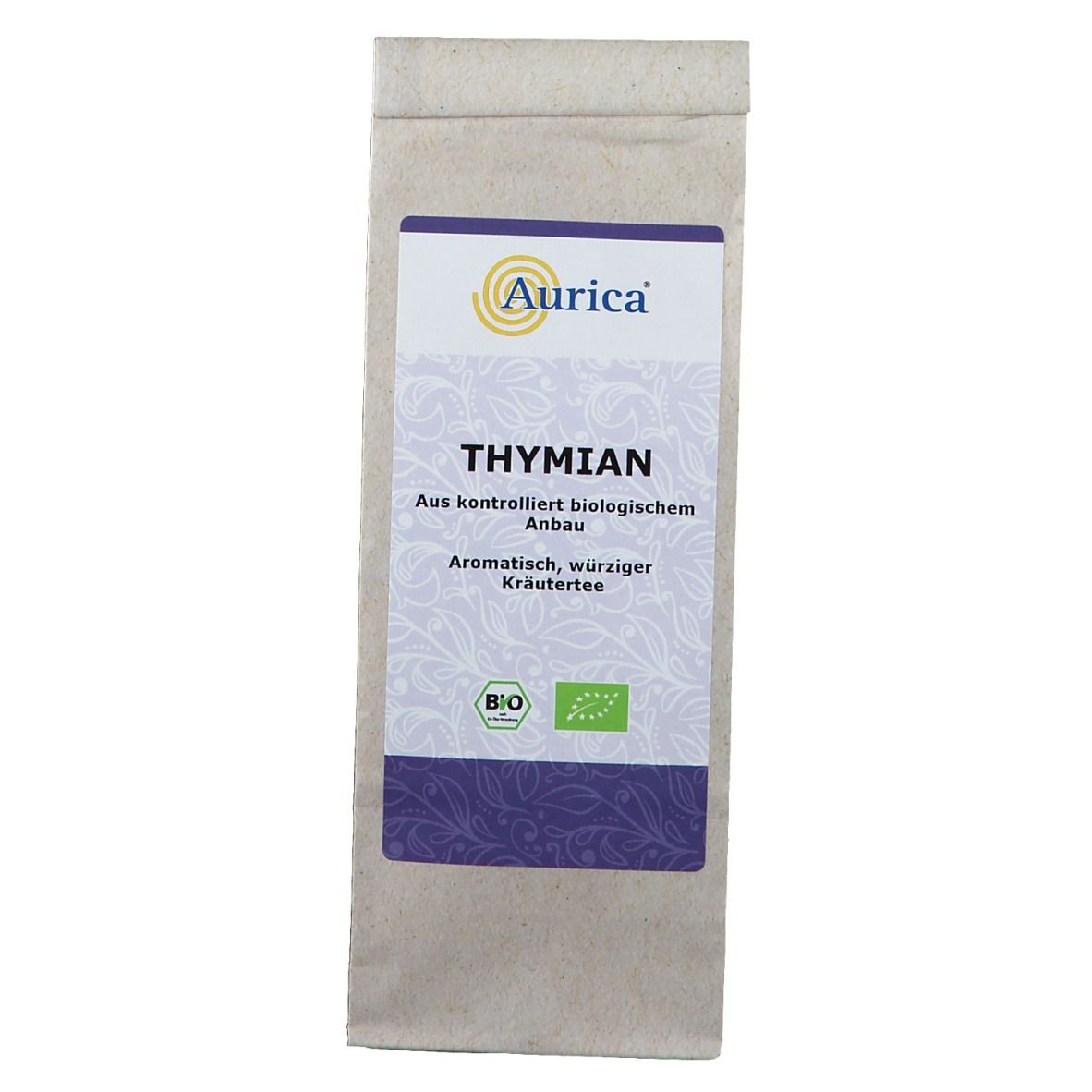 Beutel Thymian Tee von Aurica. Aufdruck: Thymian, aus kontrolliert biologischem Anbau. Mit Bio-Siegel.