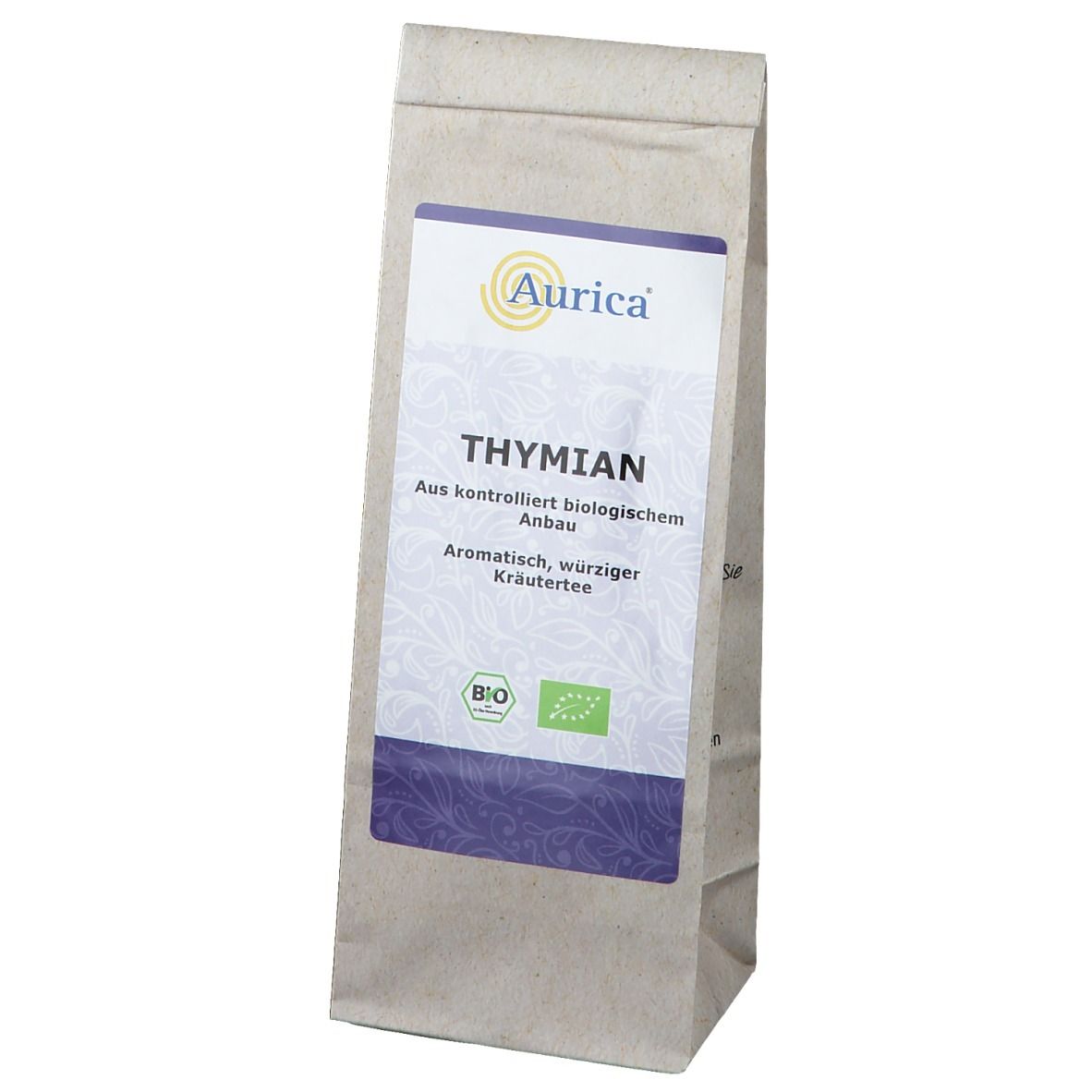 Beutel Thymian Tee von Aurica. Aufdruck: Thymian, aus kontrolliert biologischem Anbau. Mit Bio-Siegel.