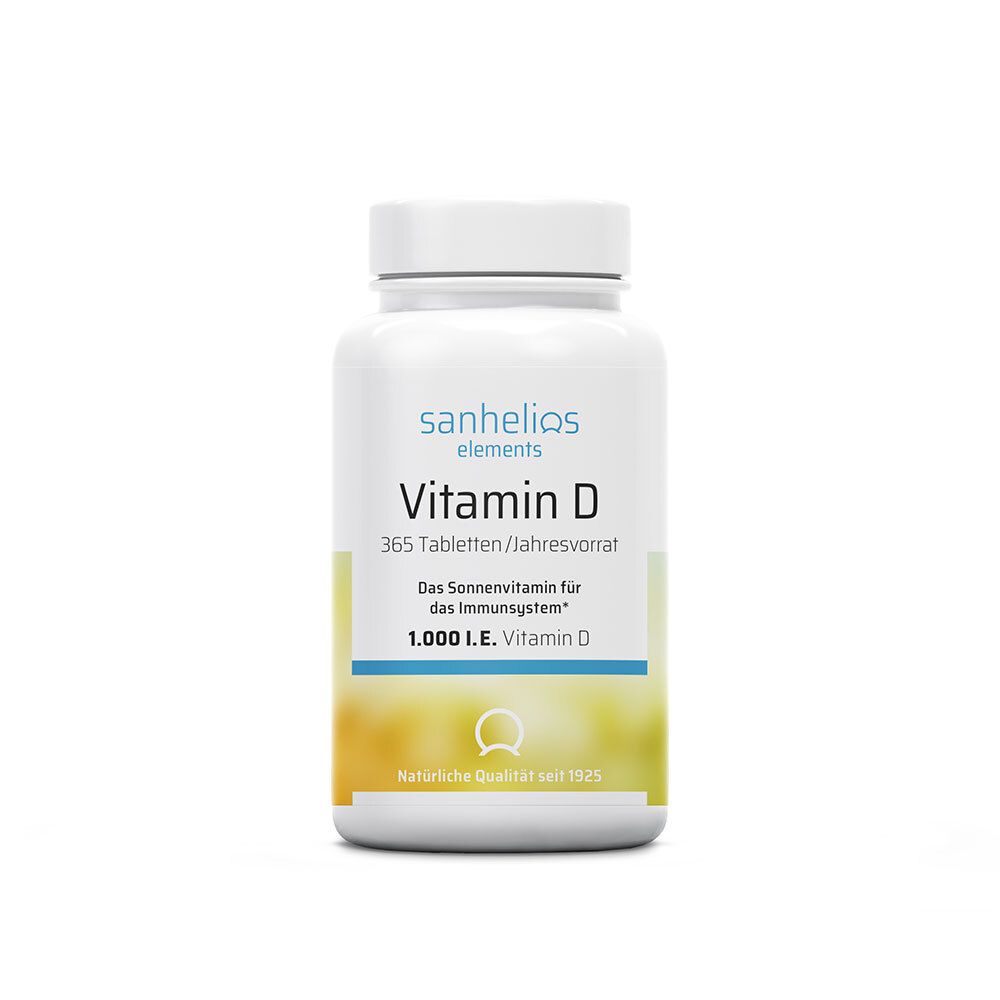 Weiße Flasche mit Sanhelios Vitamin D3. Aufschrift: Vitamin D, 1.000 I.E. 365 Tabletten. Natürliche Qualität seit 1925.