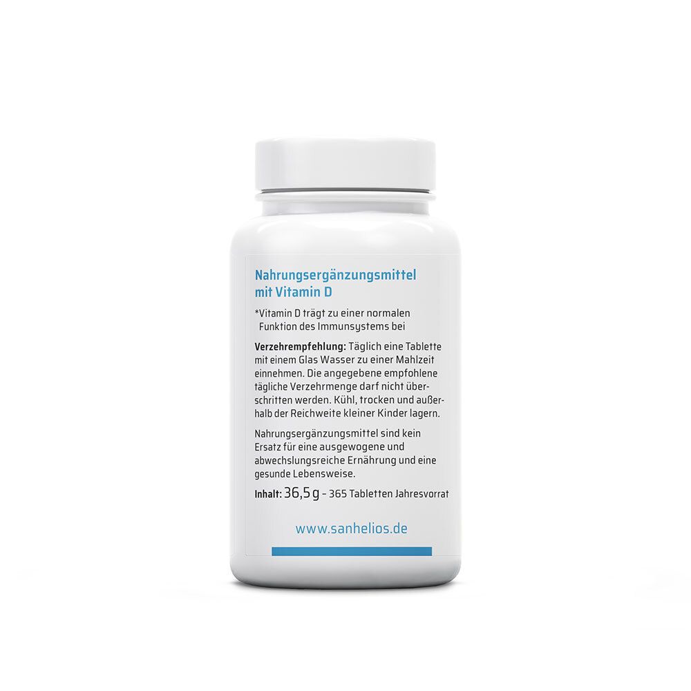Rückseite der weißen Flasche. Nahrungsergänzungsmittel mit Vitamin D. Verzehrempfehlung: 1 Tablette mit Wasser. Inhalt: 36,5g - 365 Tabletten.