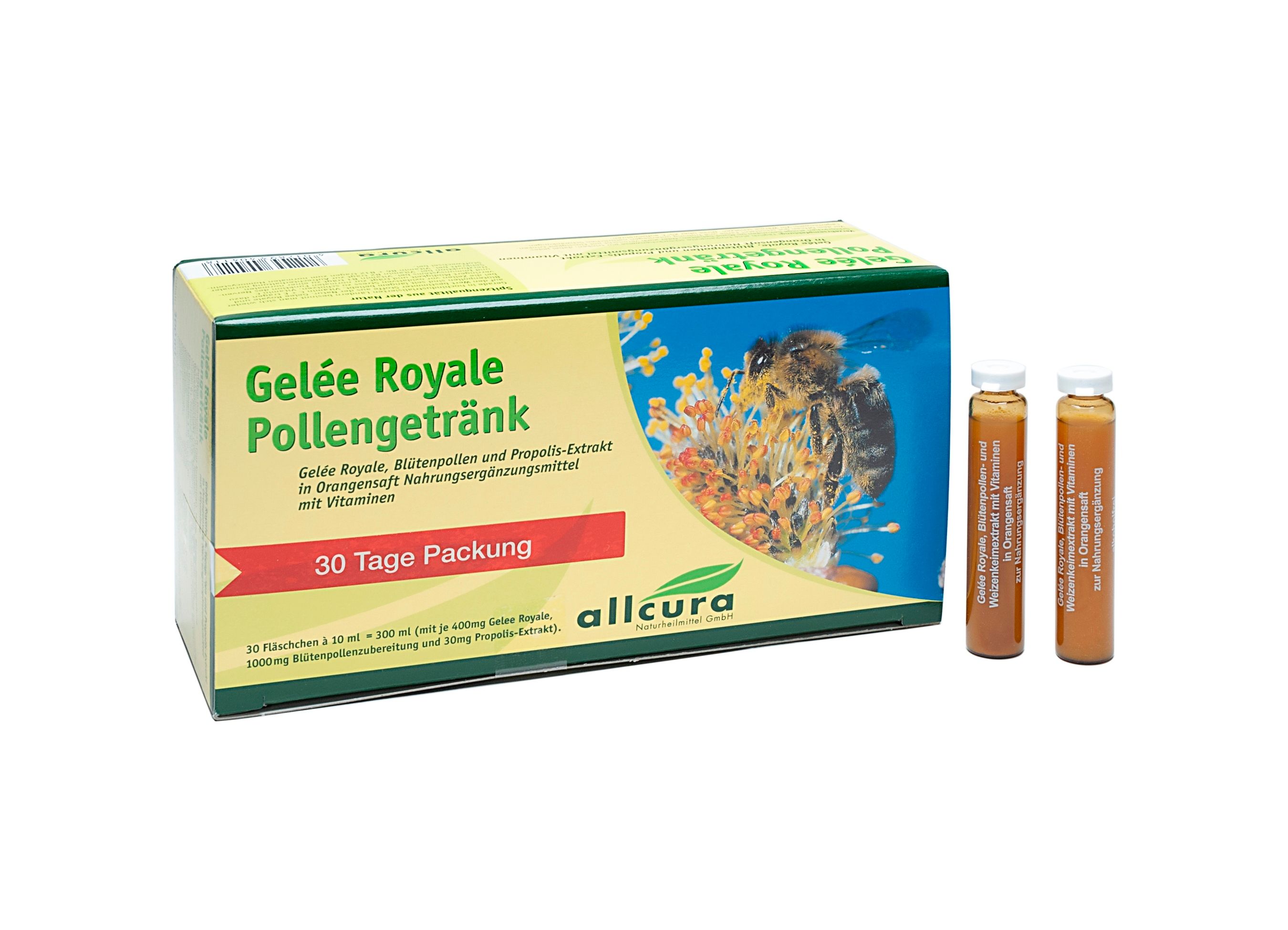 Karton mit Gelee Royale Pollengetränk, 2 Ampullen daneben. Aufschrift: 30 Tage Packung. Marke: allcura.