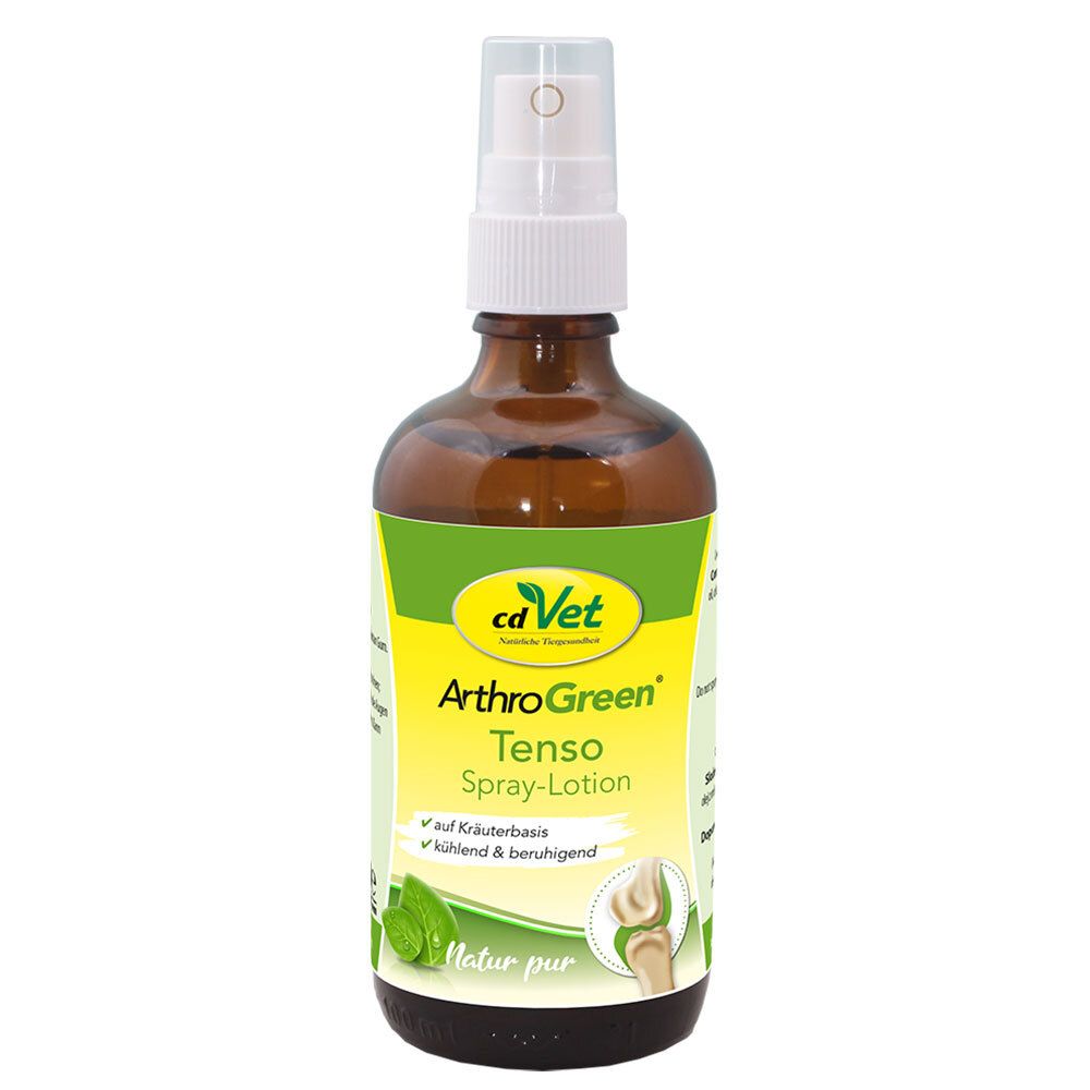 Braune Glasflasche mit weißem Sprühkopf. Etikett mit Produktnamen ArthoGreen Tenso Spray-Lotion und Logo.