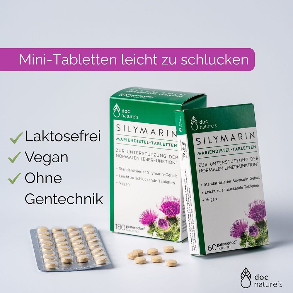 Zwei Packungen und ein Blisterstreifen mit Mariendistel-Tabletten. Links eine Packung mit 180 Stück, rechts eine mit 60 Stück.