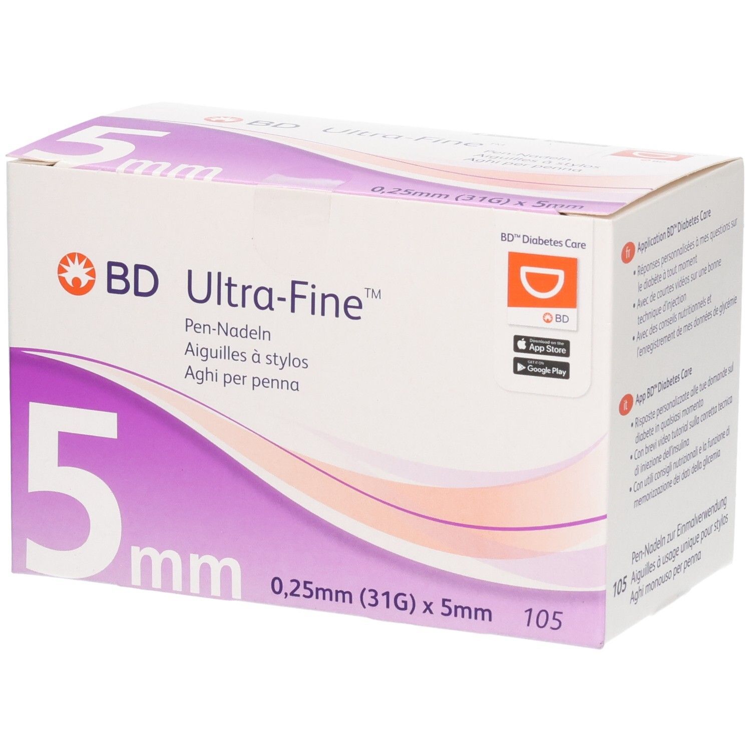 BD Ultra-Fine Pen-Nadeln 5mm, 0,25mm (31G) x 5mm, 105 Stück. Kartonverpackung mit lila und orangefarbenen Akzenten.