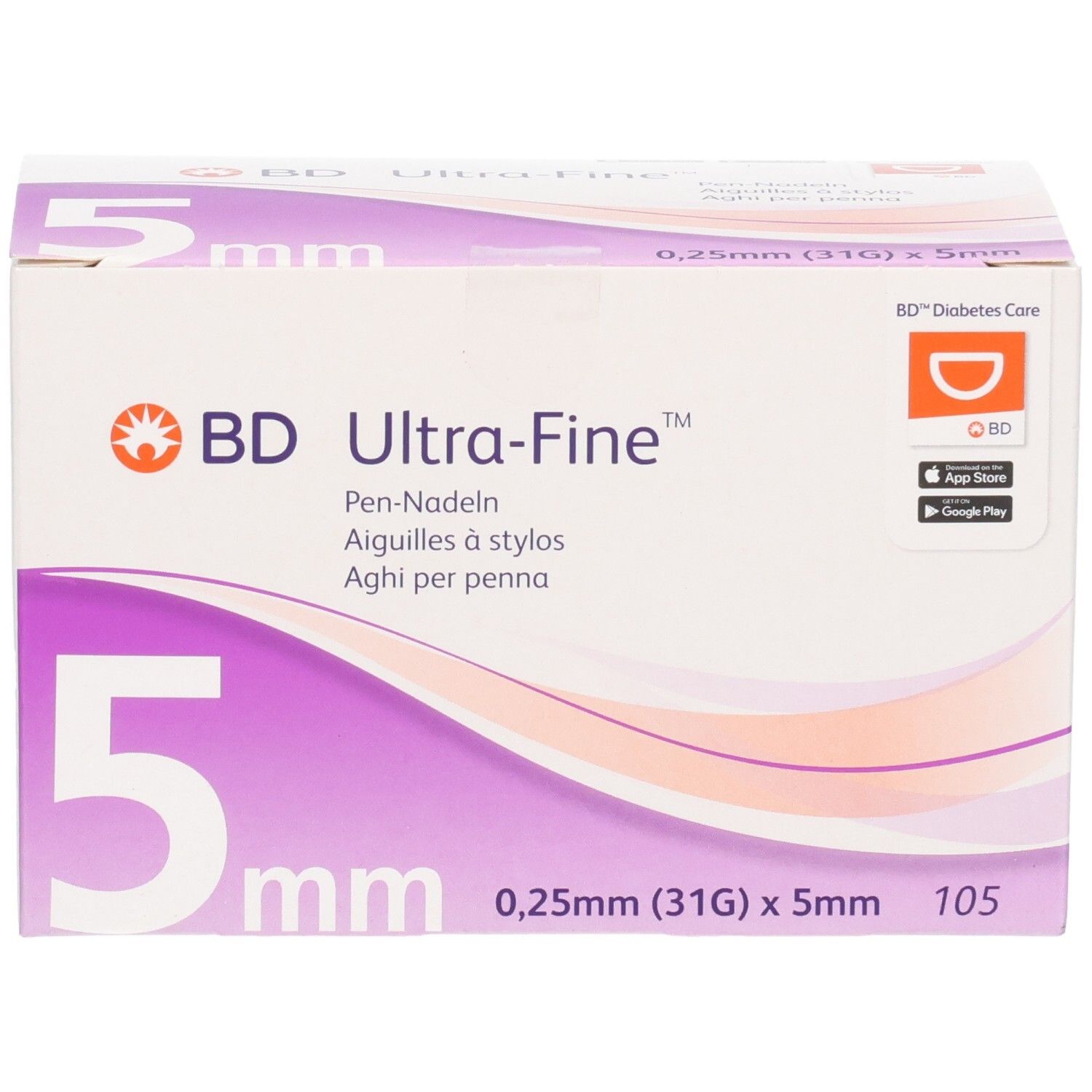 Vorderseite der BD Ultra-Fine Pen-Nadeln 5mm Packung. Deutlich sichtbare 5mm Markierung und Produktbezeichnung.