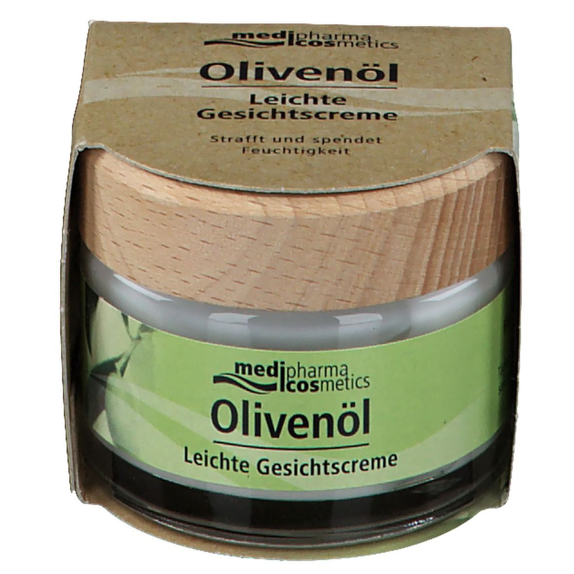 Creme-Glas mit Holzdeckel in Kartonverpackung. Aufschrift: Olivenöl Leichte Gesichtscreme, medi-pharma cosmetics.