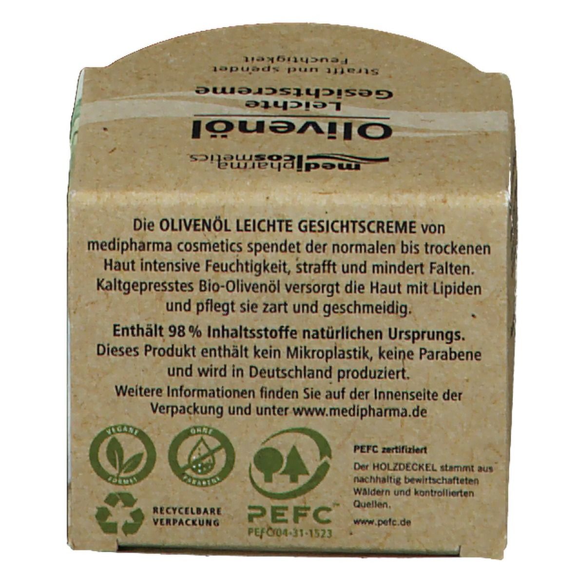 Rückseite der Kartonverpackung. Text über die Olivenöl Leichte Gesichtscreme, Inhaltsstoffe, Herkunft und Zertifizierungen.