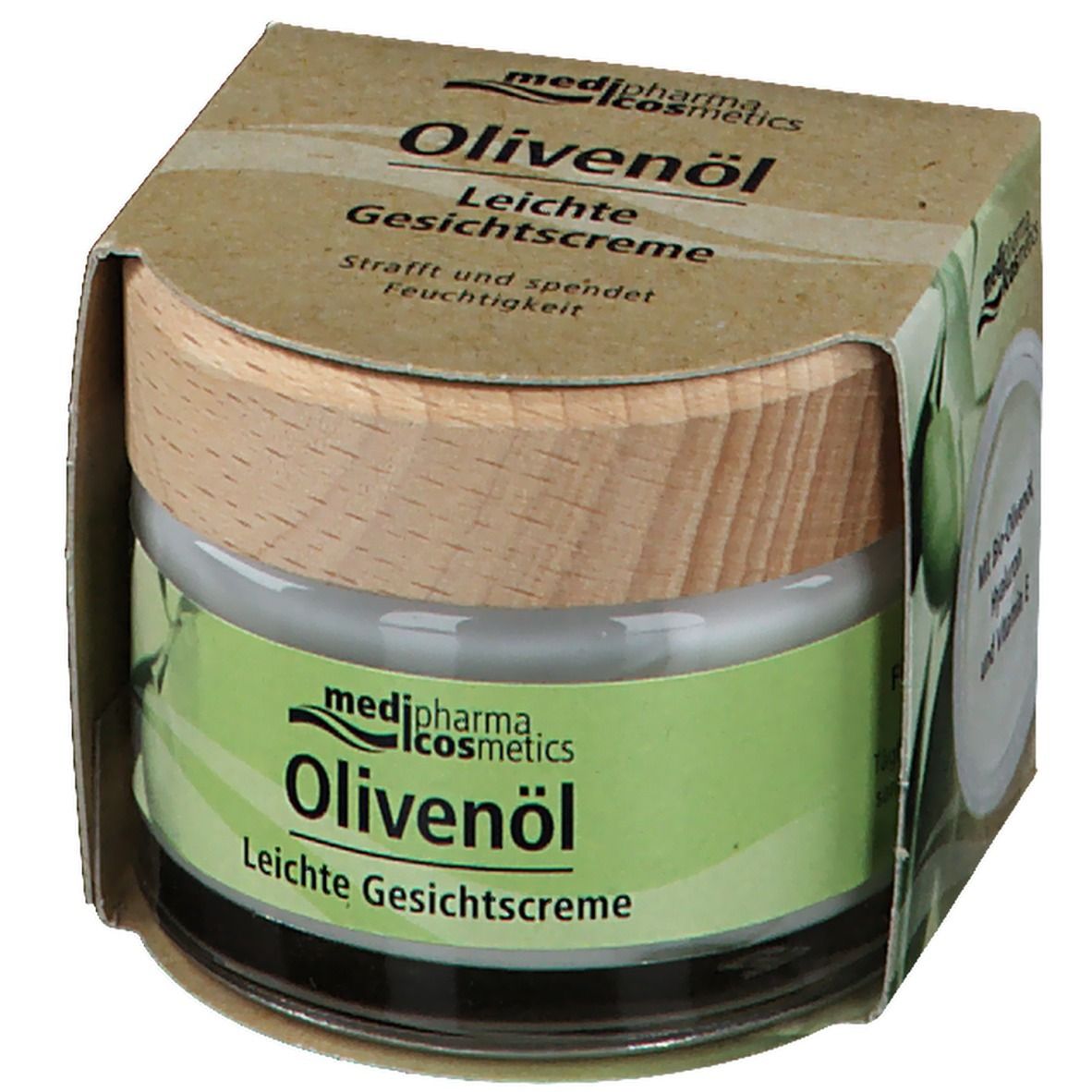 Creme-Glas mit Holzdeckel in Kartonverpackung. Aufschrift: Olivenöl Leichte Gesichtscreme, medi-pharma cosmetics.