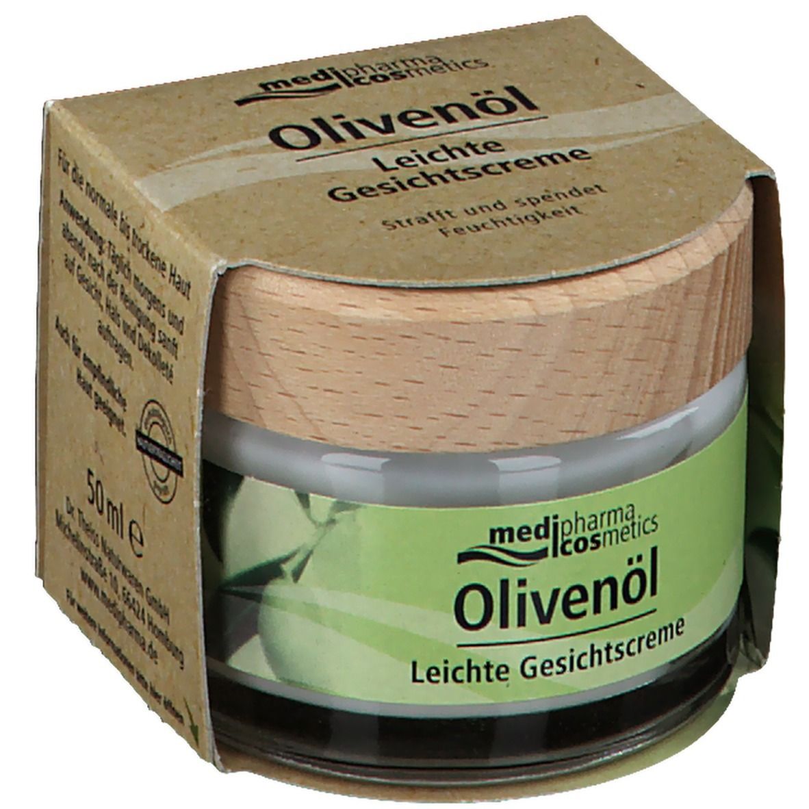 Creme-Glas mit Holzdeckel in Kartonverpackung. Aufschrift: Olivenöl Leichte Gesichtscreme, medi-pharma cosmetics. 50 ml.