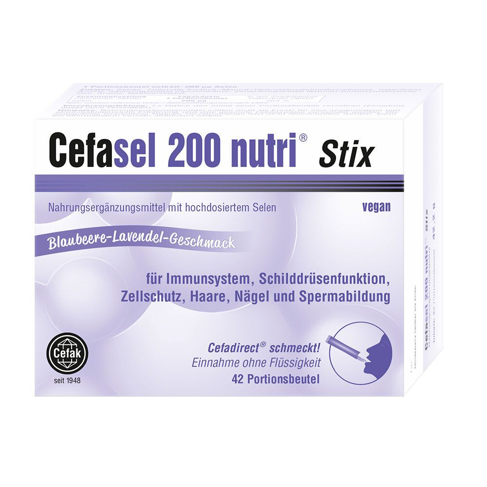 Weißer Karton mit Produktnamen Cefasel 200 nutri Stix. Blaubeere-Lavendel-Geschmack. Vegan. 42 Portionen.