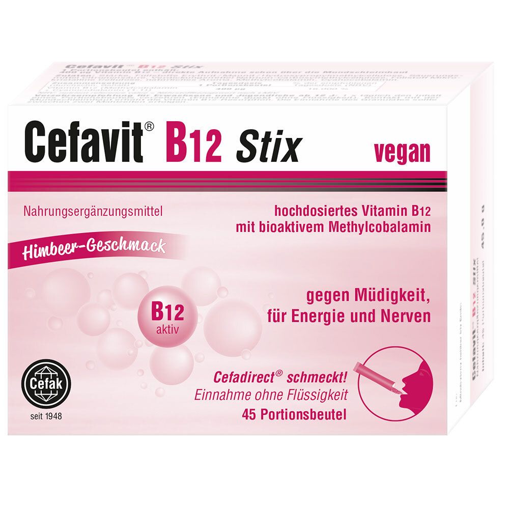Verpackung von Cefavit B12 Stix. Rosa und weiß, mit Produktnamen und Informationen. Vegan.