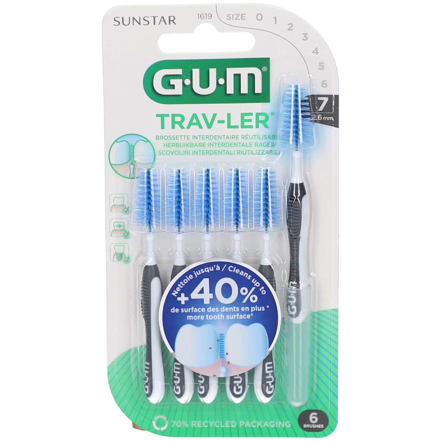 GUM TRAV-LER Interdentalbürsten. 6 Bürsten, blau und weiß. Verpackung mit Größenangabe. 2,6mm Bürstenkopf.