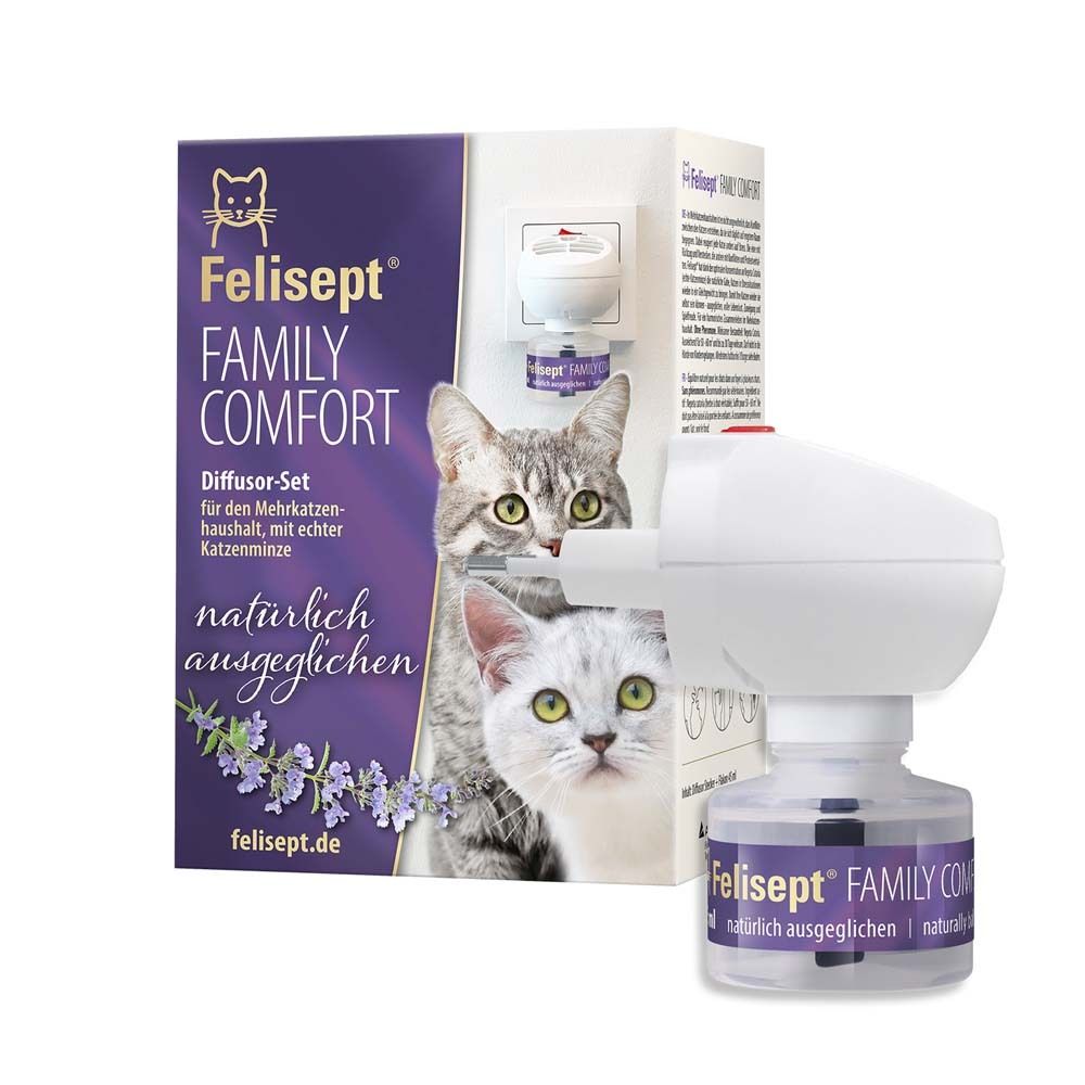 Diffusor-Set mit Felisept-Logo und Katzenabbildungen. Verpackung mit Produkt und Duftflasche. Text: natürlich ausgeglichen.