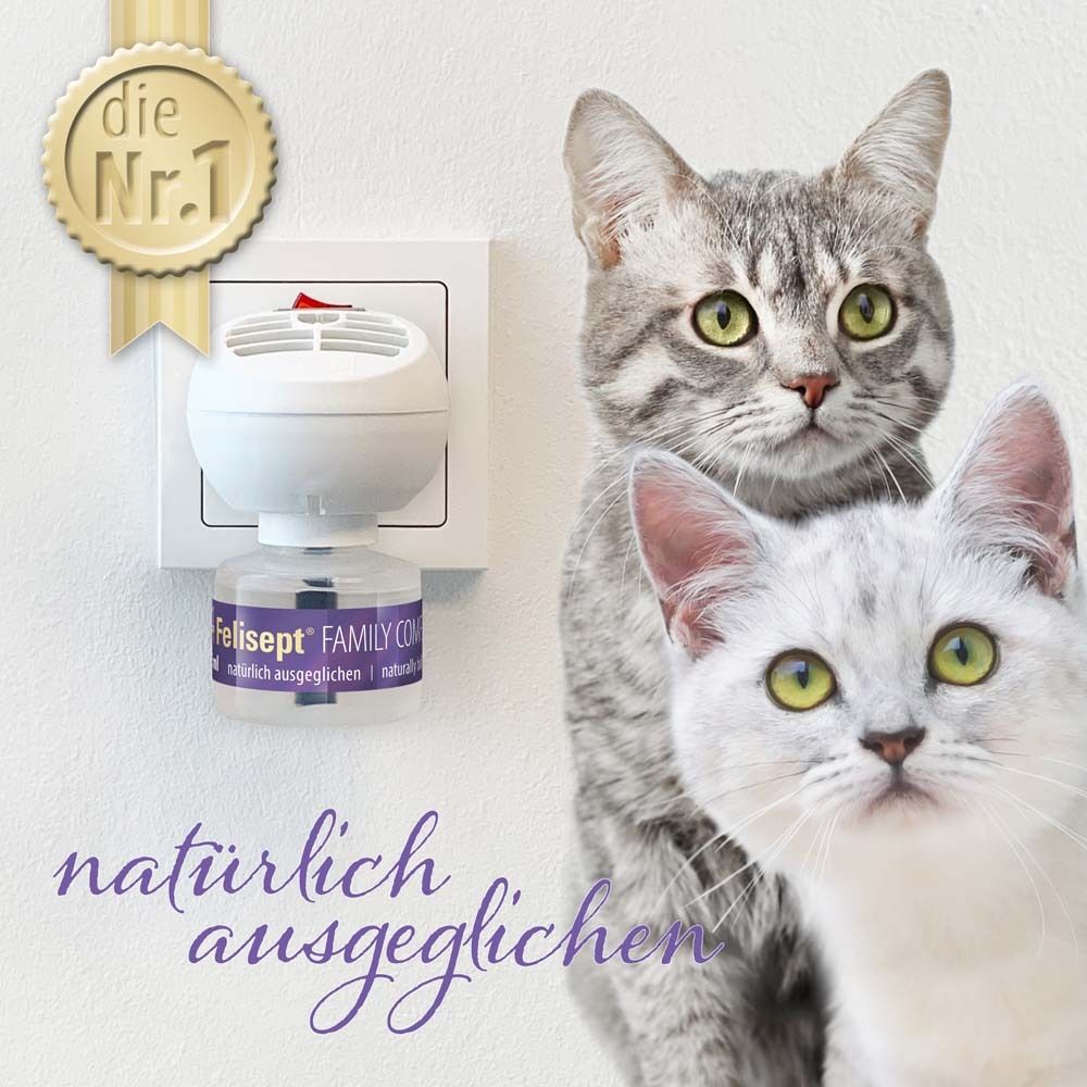Diffusor in Steckdose mit Felisept-Logo. Zwei Katzen vor weißem Hintergrund. Text: natürlich ausgeglichen. Auszeichnung: die Nr.1.