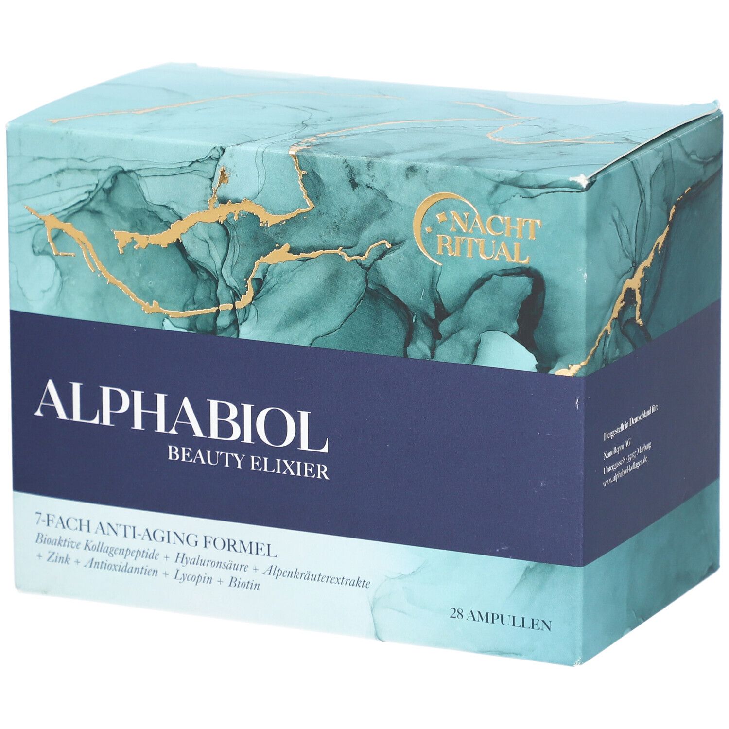 Karton mit "ALPHABIOL Beauty Elixier". Blaue und türkise Verpackung mit goldfarbenen Akzenten. Enthält 28 Ampullen.