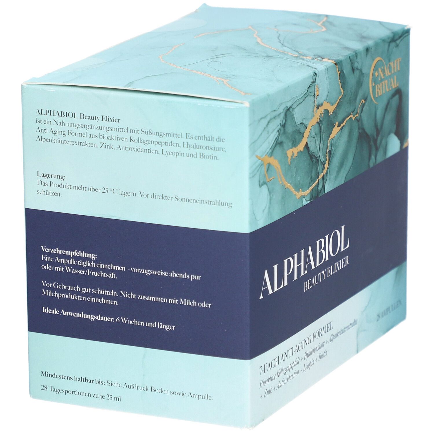 Karton "ALPHABIOL Beauty Elixier". Türkis-blaue Verpackung. Text: "Nacht Ritual". Enthält 28 Ampullen. Produktinformationen.