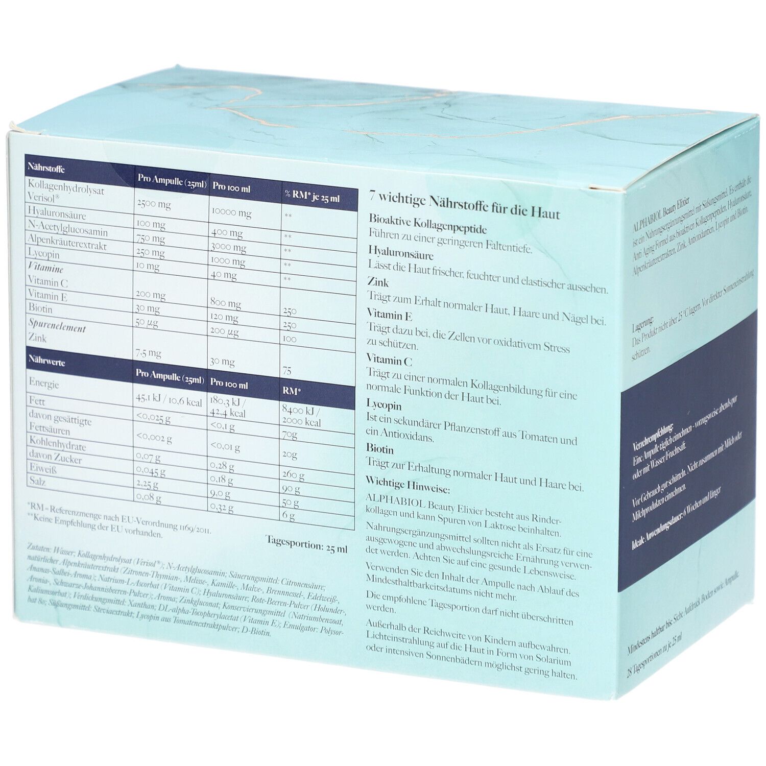 Rückseite der "ALPHABIOL Beauty Elixier" Verpackung. Enthält Nährwertangaben und Informationen zu Inhaltsstoffen.