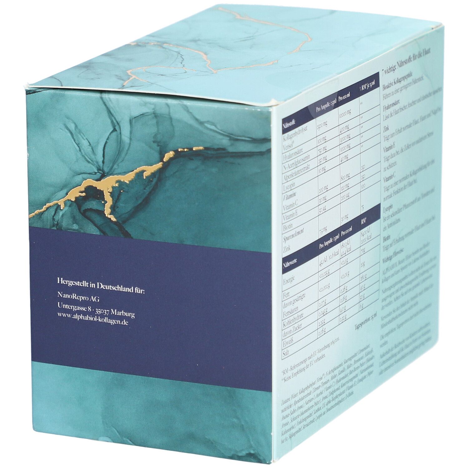 Rückseite der "ALPHABIOL Beauty Elixier" Verpackung. Herstellerinformationen und Nährwertangaben.