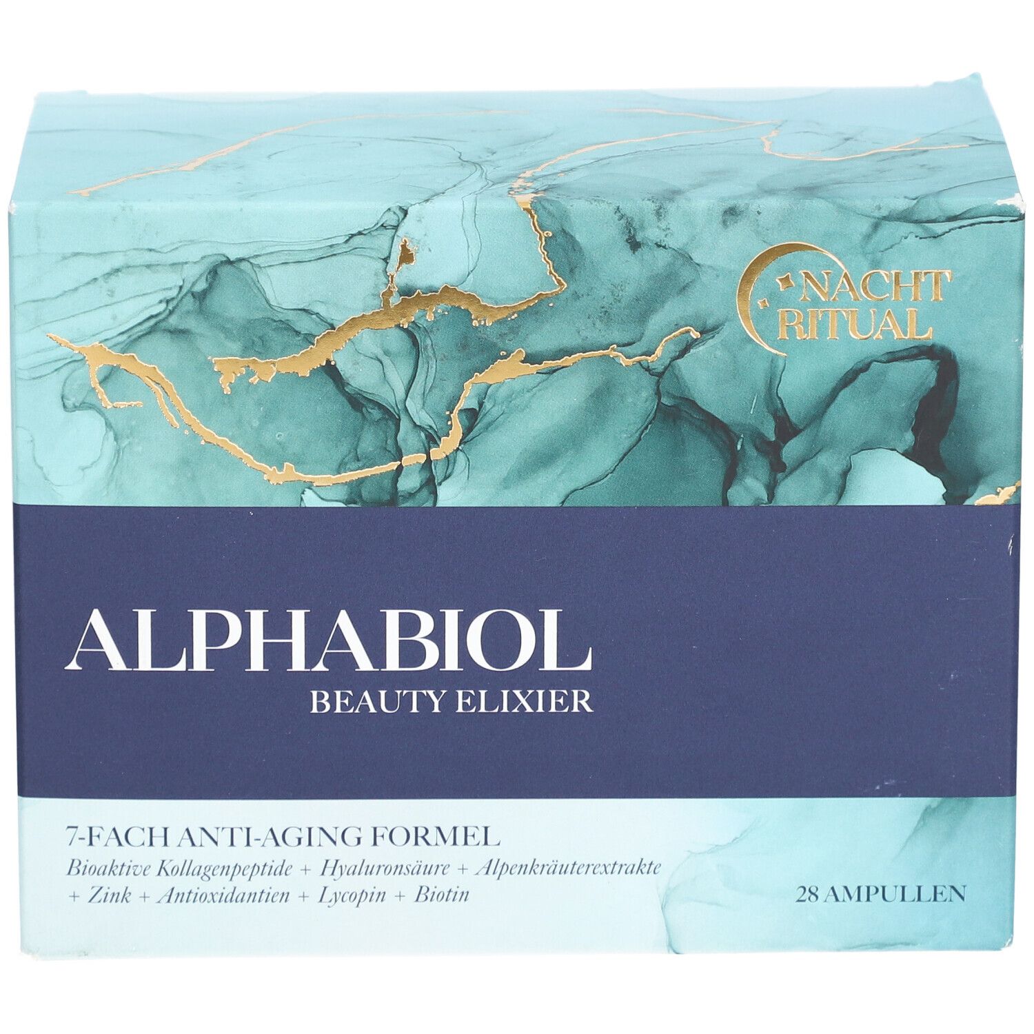 Karton "ALPHABIOL Beauty Elixier". Blaue und türkise Verpackung mit goldfarbenen Akzenten. Enthält 28 Ampullen.