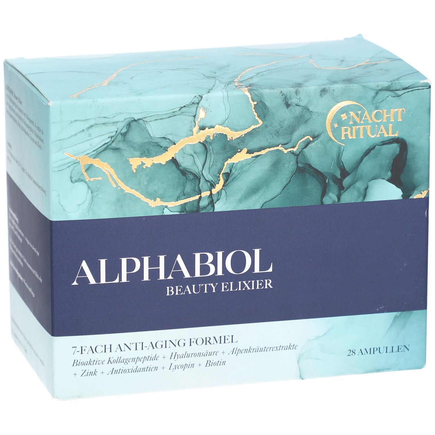 Karton "ALPHABIOL Beauty Elixier". Blaue und türkise Verpackung mit goldfarbenen Akzenten. Enthält 28 Ampullen.