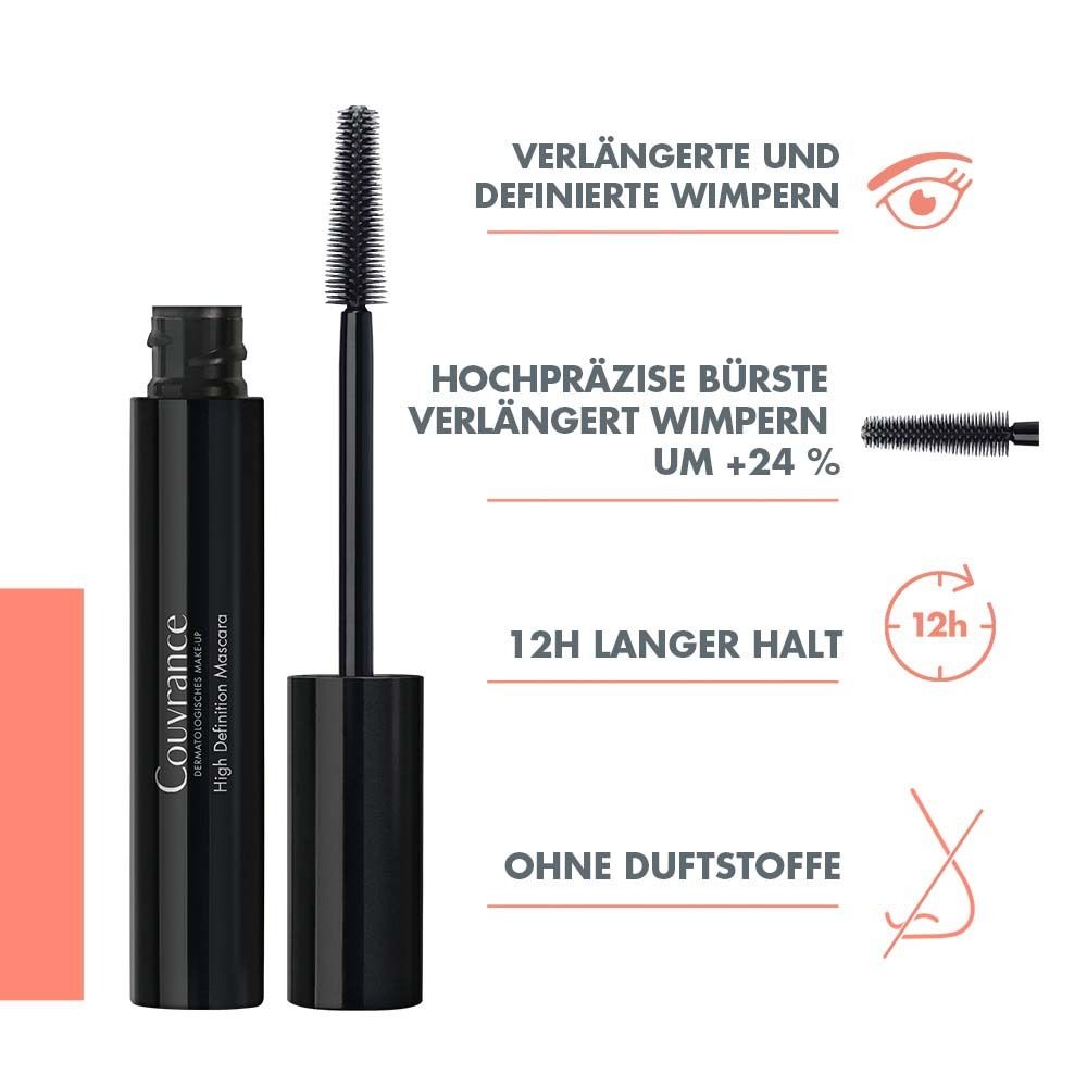 Mascara-Tube mit Text. Verlängerte und definierte Wimpern, 12h Haltbarkeit, ohne Duftstoffe.