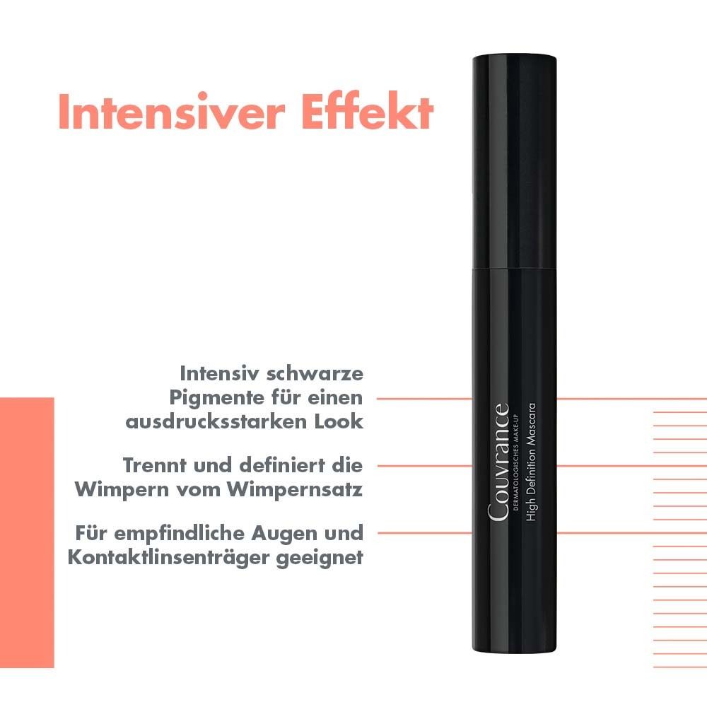 Mascara-Tube mit Text. Intensiver Effekt, intensiv schwarze Pigmente, für empfindliche Augen geeignet.