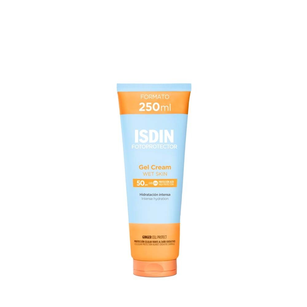 Tube ISDIN Fotoprotector Gel Cream LSF 50+. Orange und hellblau. Text: 250ml, Gel Cream, Wet Skin, Hydratación intensa.
