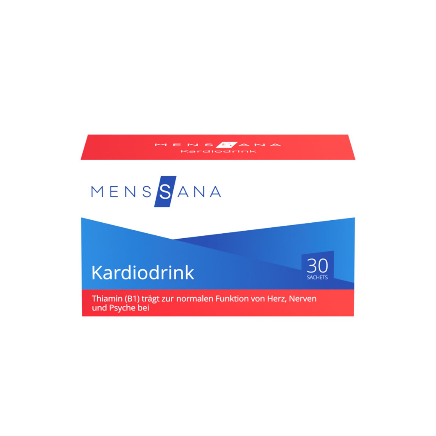 MENSSANA Kardiodrink-Verpackung. Weiß, blau und rot. 30 Sachets. Text: Thiamin (B1) trägt zur normalen Funktion von Herz, Nerven und Psyche bei.