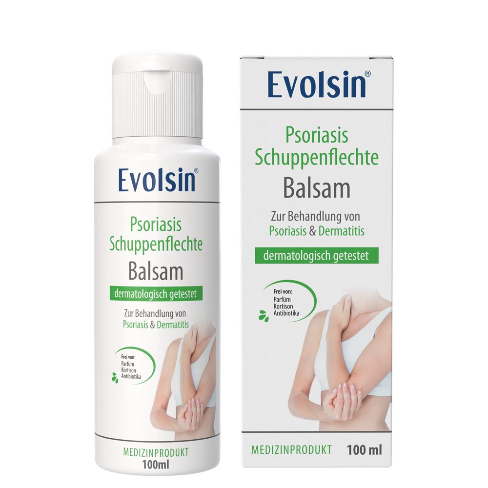 Evolsin Psoriasis Balsam Flasche und Karton. Dermatologisch getestet, frei von Kortison.