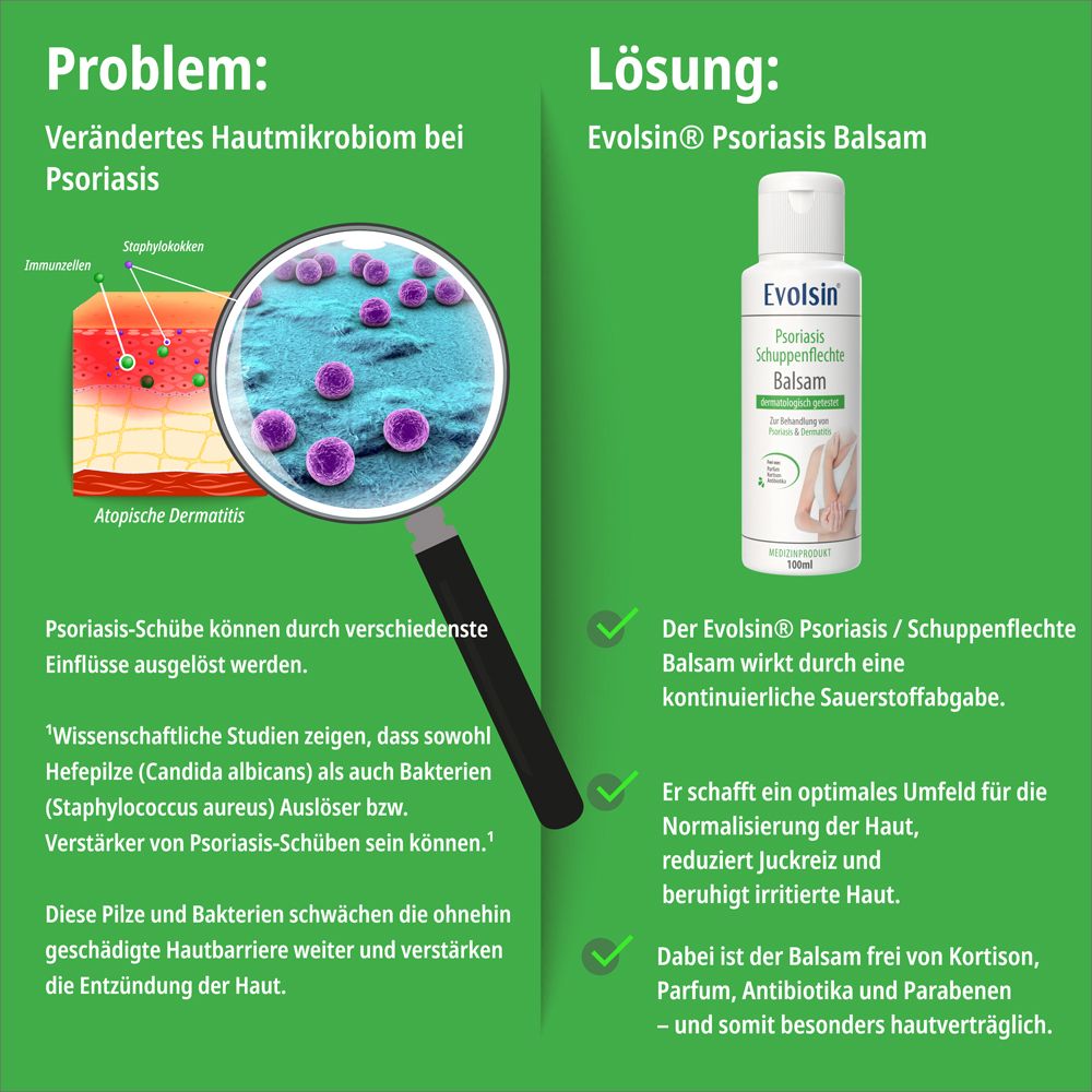 Evolsin Psoriasis Balsam: Reduziert Juckreiz, beruhigt empfindliche Haut, speziell für Schuppenflechte.