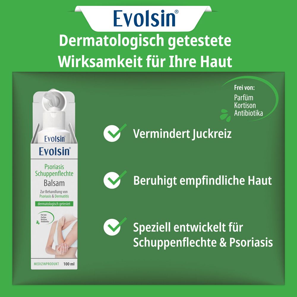 Evolsin Psoriasis Balsam: Problem Hautmikrobiom, Lösung Balsam. Wirkt gegen Juckreiz, beruhigt Haut.