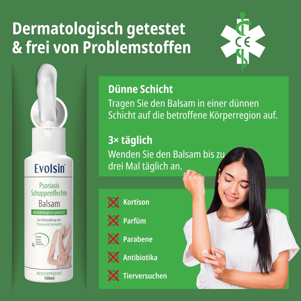 Evolsin Psoriasis Balsam: Deutsche Markenqualität, CE-zertifiziertes Medizinprodukt, dermatologisch getestet.