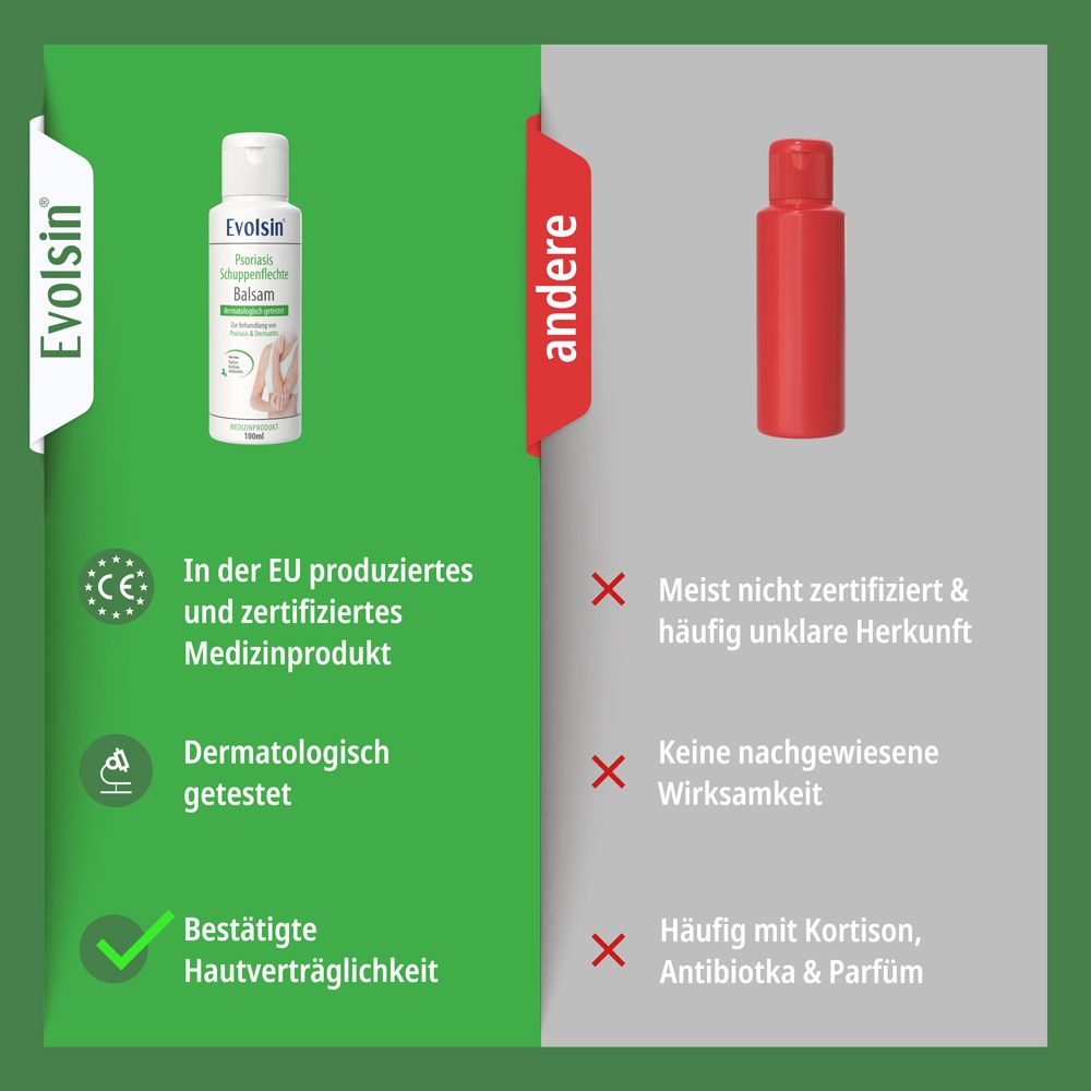 Evolsin Psoriasis Balsam: Dermatologisch getestet. Frei von Kortison, Parfüm, Parabenen, Antibiotika, Tierversuchen.