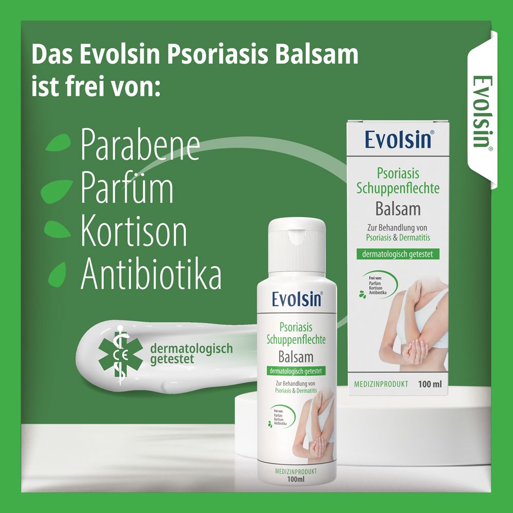 Evolsin Psoriasis Balsam: Dermatologisch getest. Beruhigt gereizte Haut, lindert Juckreiz.